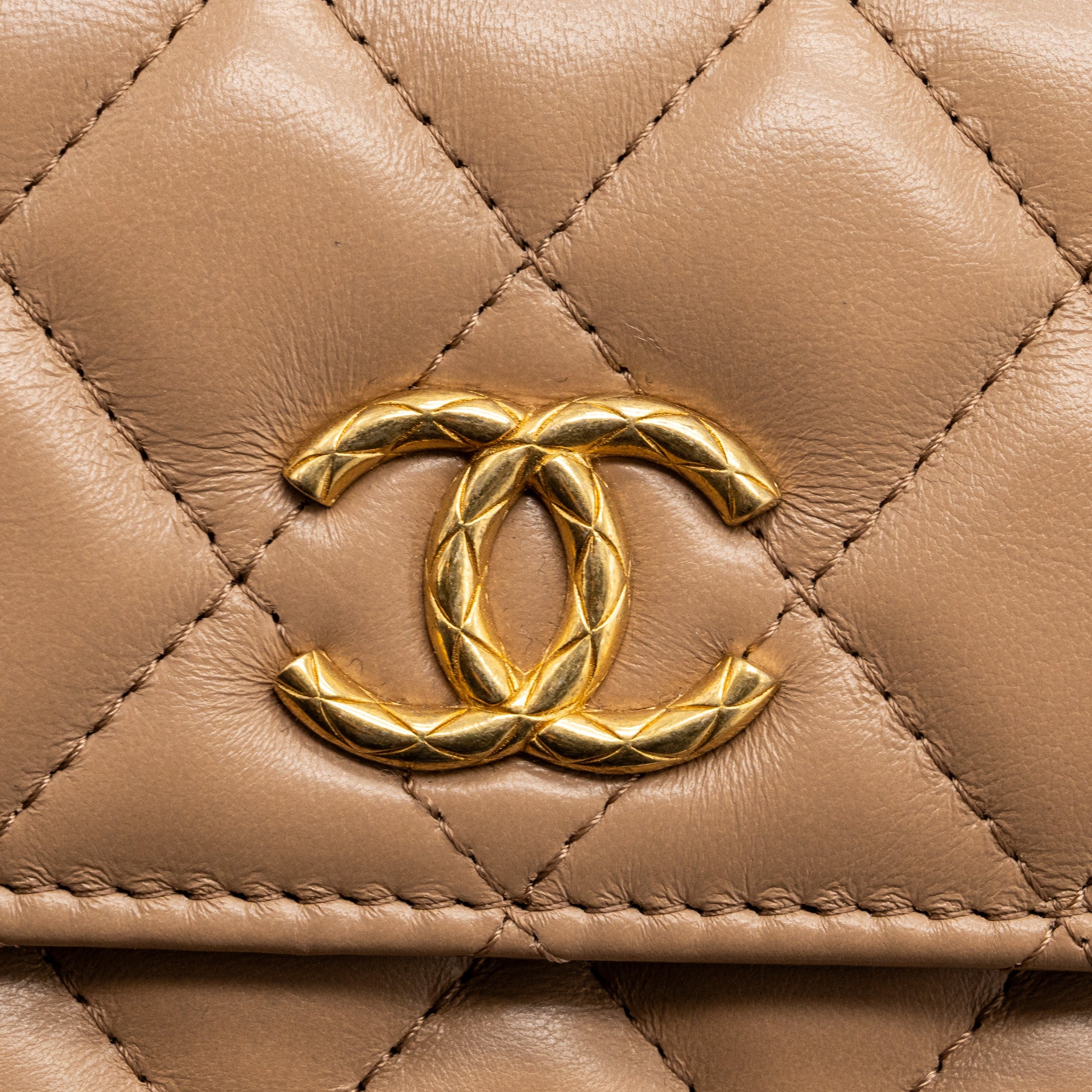 CHANEL 22K GOLD PILLAR MINI FLAP BAG LAMBSKIN DARK BEIGE GHW (MICROCHIP)