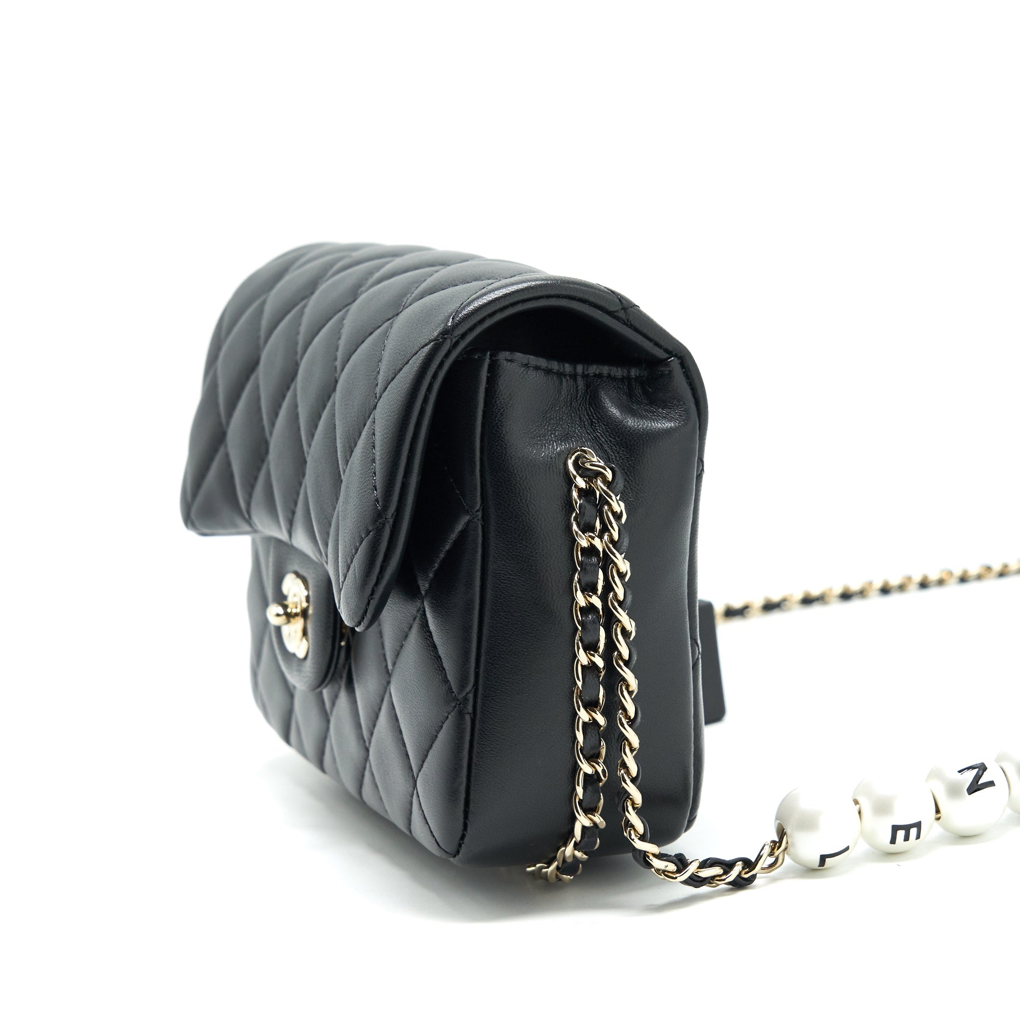 CHANEL PEARL CHAIN FLAP BAG QUILTED GRAINED LAMBSKIN BLACK LGHW