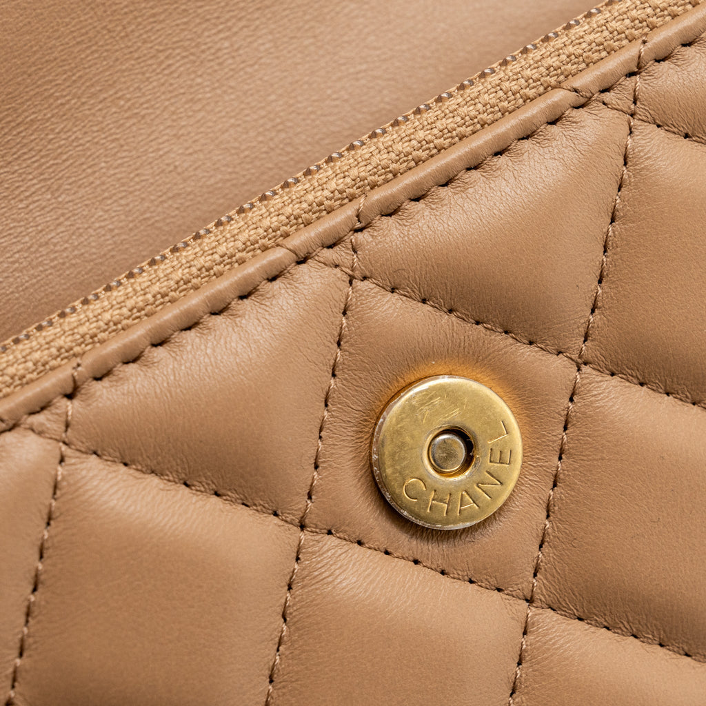 CHANEL 22K GOLD PILLAR MINI FLAP BAG LAMBSKIN DARK BEIGE GHW (MICROCHIP)