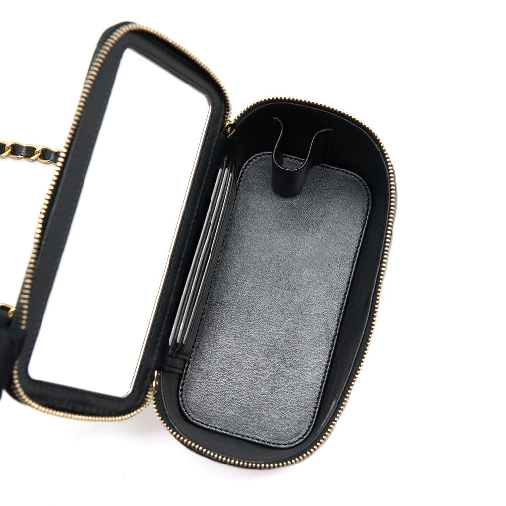 CHANEL 22S LETTER TOP HANDLE LONG VANITY WITH CHAIN LAMBSKIN BLACK GHW