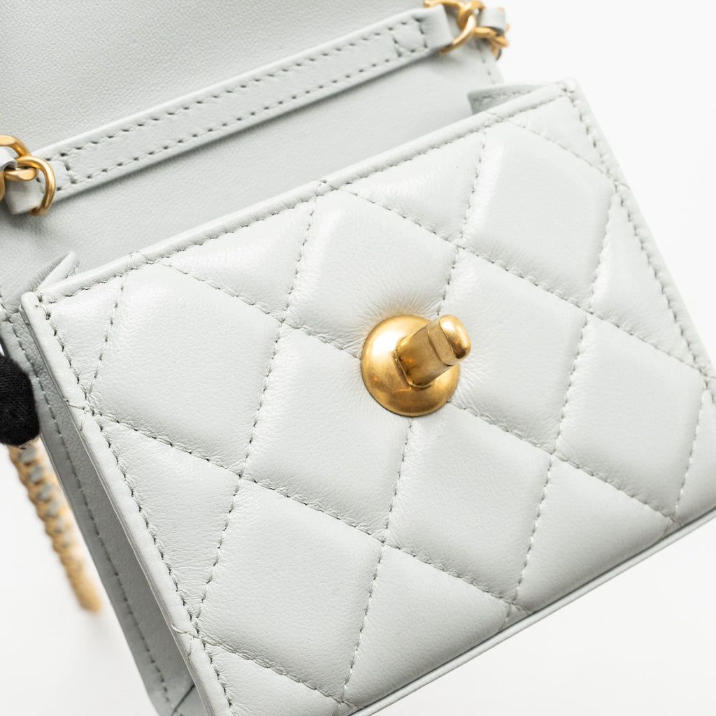 CHANEL CC ENAMEL HEART MINI FLAP CLUTCH WITH CHAIN LAMBSKIN LIGHT GREY GHW