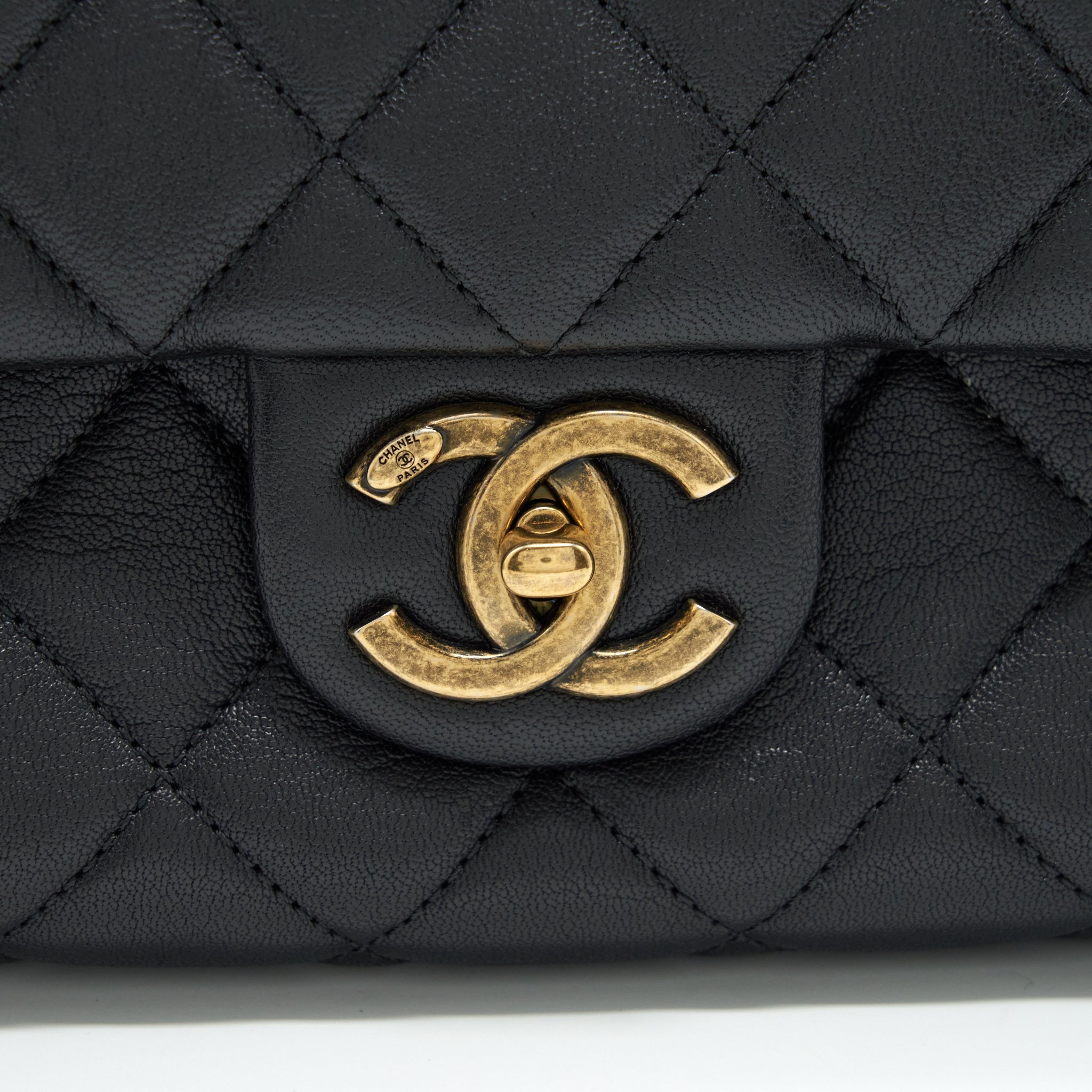 CHANEL LARGE FLAP BAG CALFSKIN BLACK RUTHENIUM GOLD HARDWARE