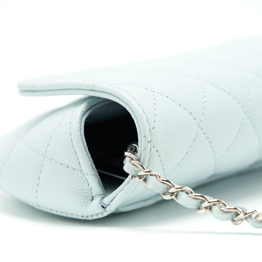 CHANEL GLASSES CASE WITH CHAIN CAVIAR LIGHT BLUE SHW