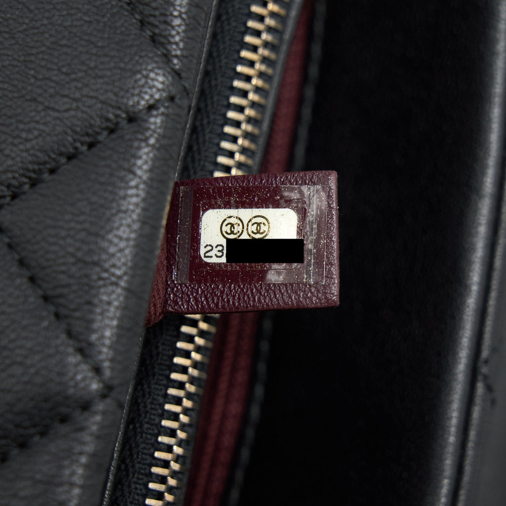 CHANEL LARGE FLAP BAG CALFSKIN BLACK RUTHENIUM GOLD HARDWARE