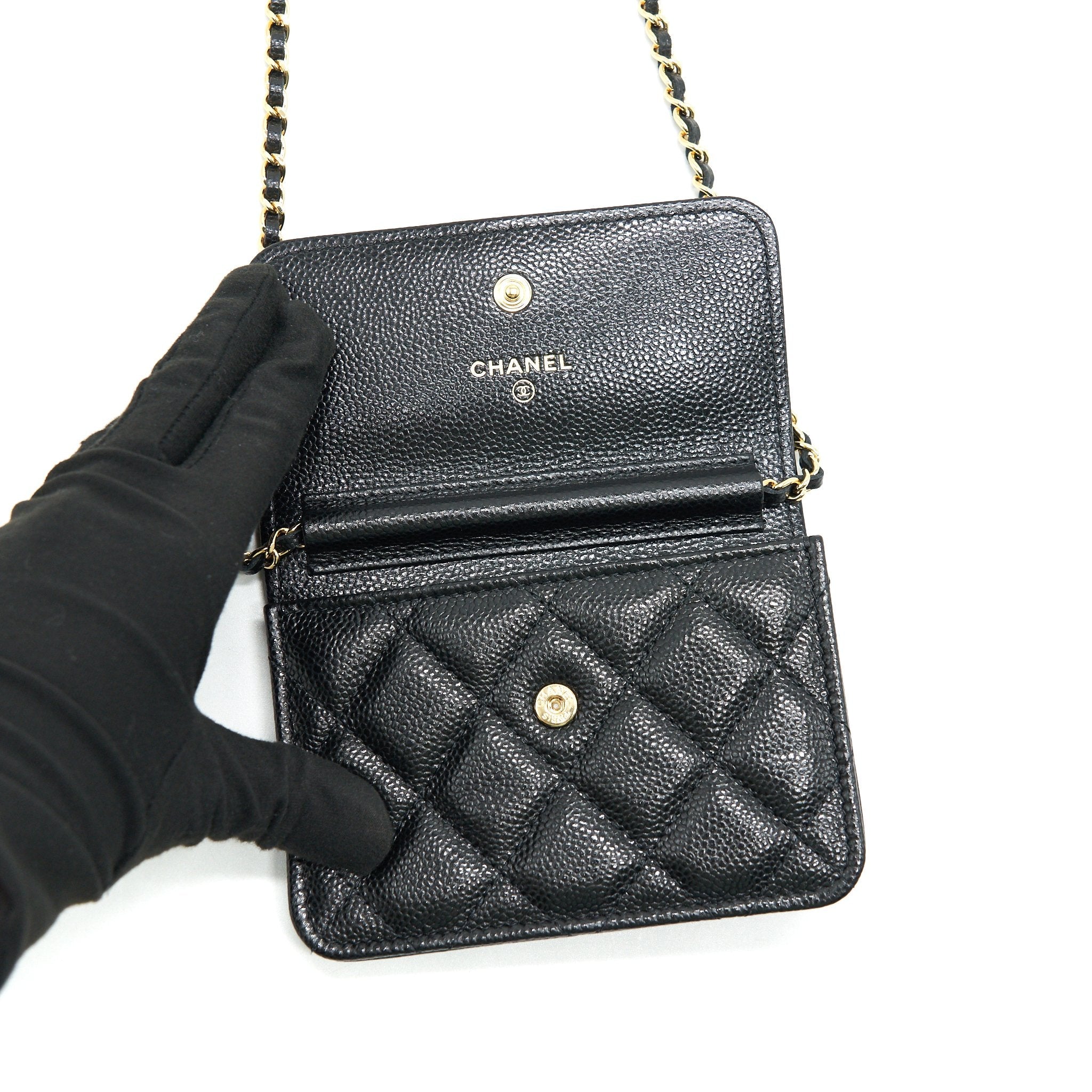 CHANEL 21A FLAP CARD HOLDER WITH CHAIN BLACK GHW