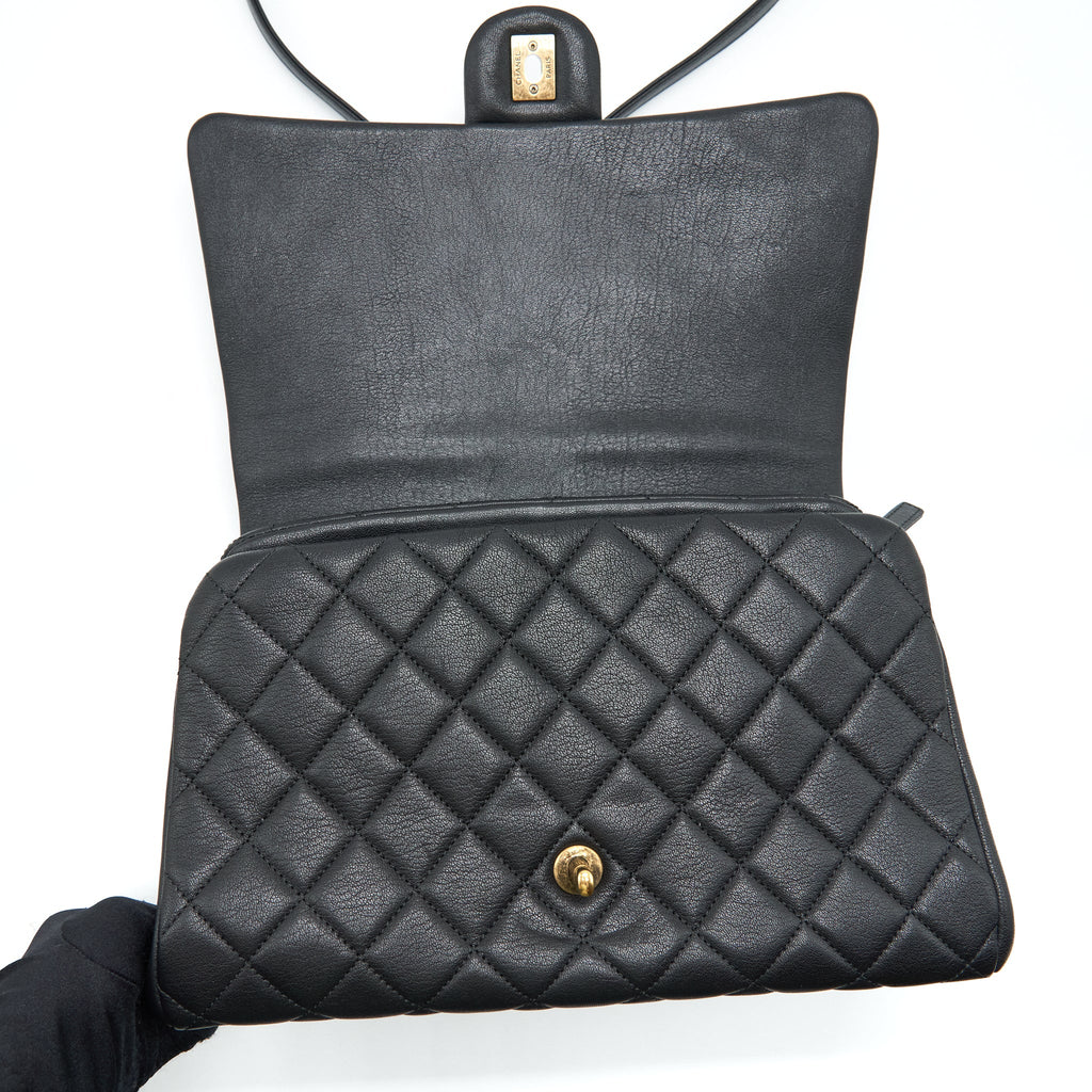 CHANEL LARGE FLAP BAG CALFSKIN BLACK RUTHENIUM GOLD HARDWARE