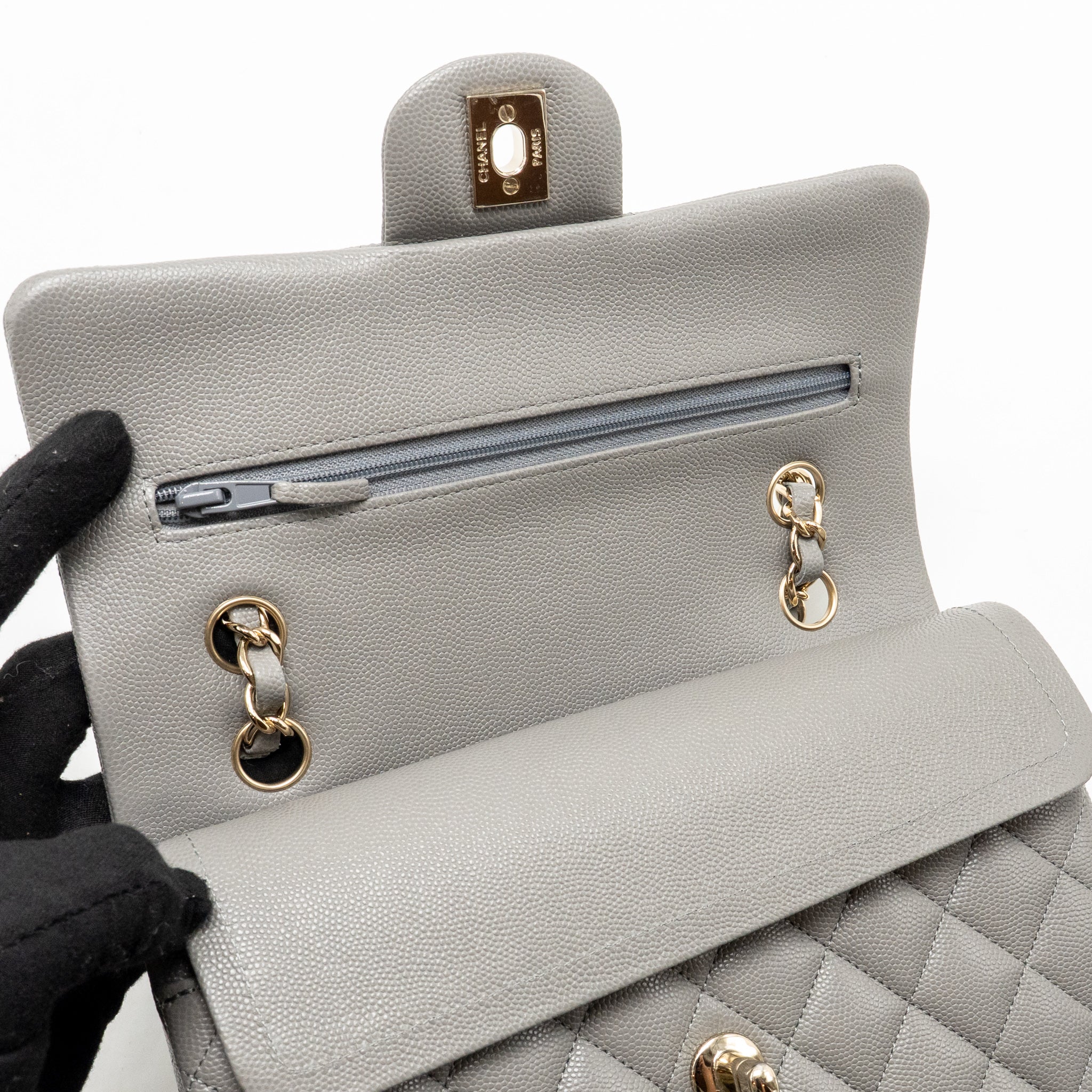 CHANEL SMALL CLASSIC DOUBLE FLAP BAG CAVIAR DARK GREY LGHW (MICROCHIP)