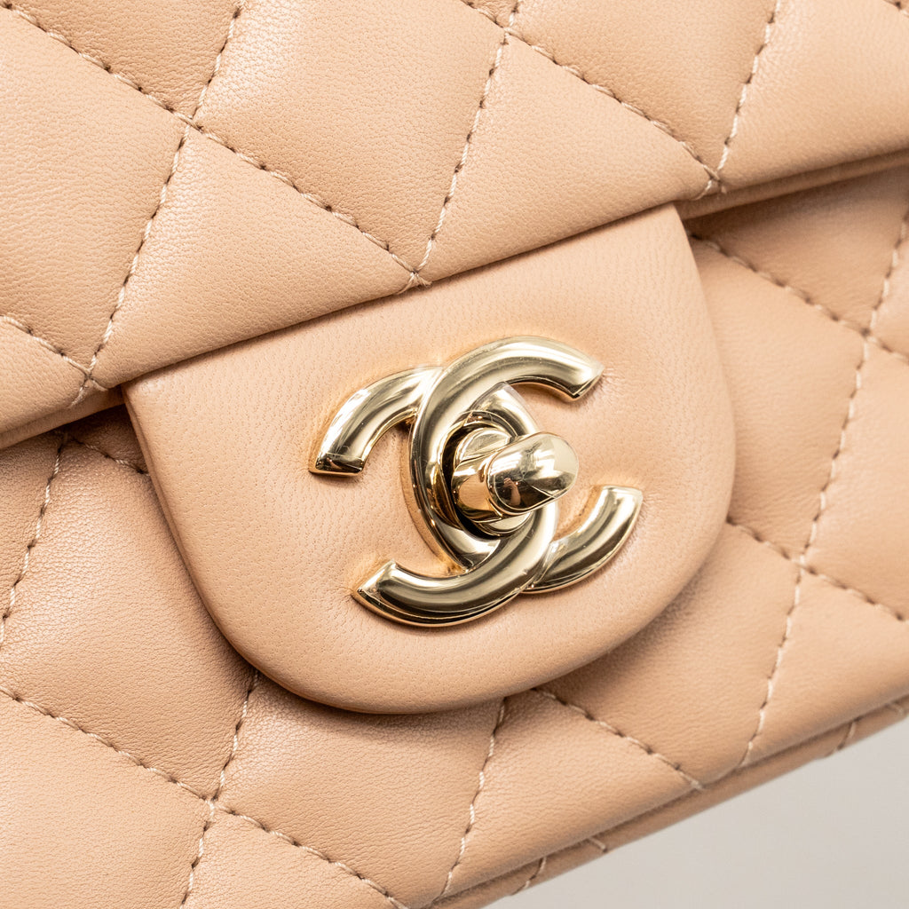 CHANEL MINI RECTANGULAR FLAP BAG LAMBSKIN DARK BEIGE LGHW (MICROCHIP)