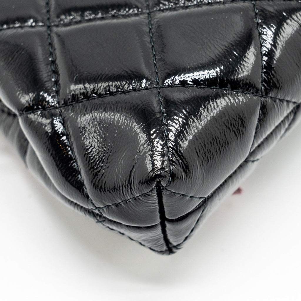 CHANEL 24A BOWKNOT CLUTCH WITH CHAIN PATENT CRUMPLED LAMBSKIN/SHINY LAMBSKIN BLACK/PINK GHW (MICROCHIP)
