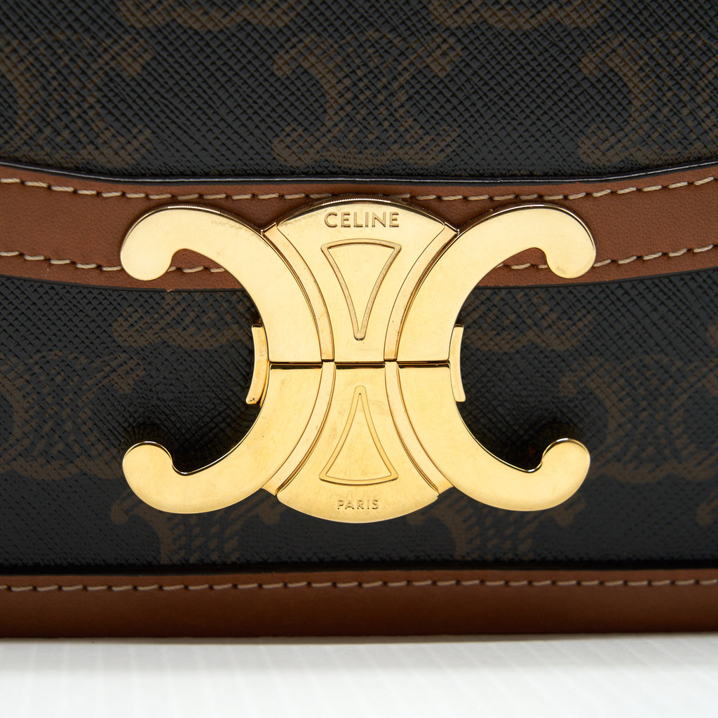 CELINE TEEN TRIOMPHE BAG IN TRIOMPHE CANVAS AND CALFSKIN TAN