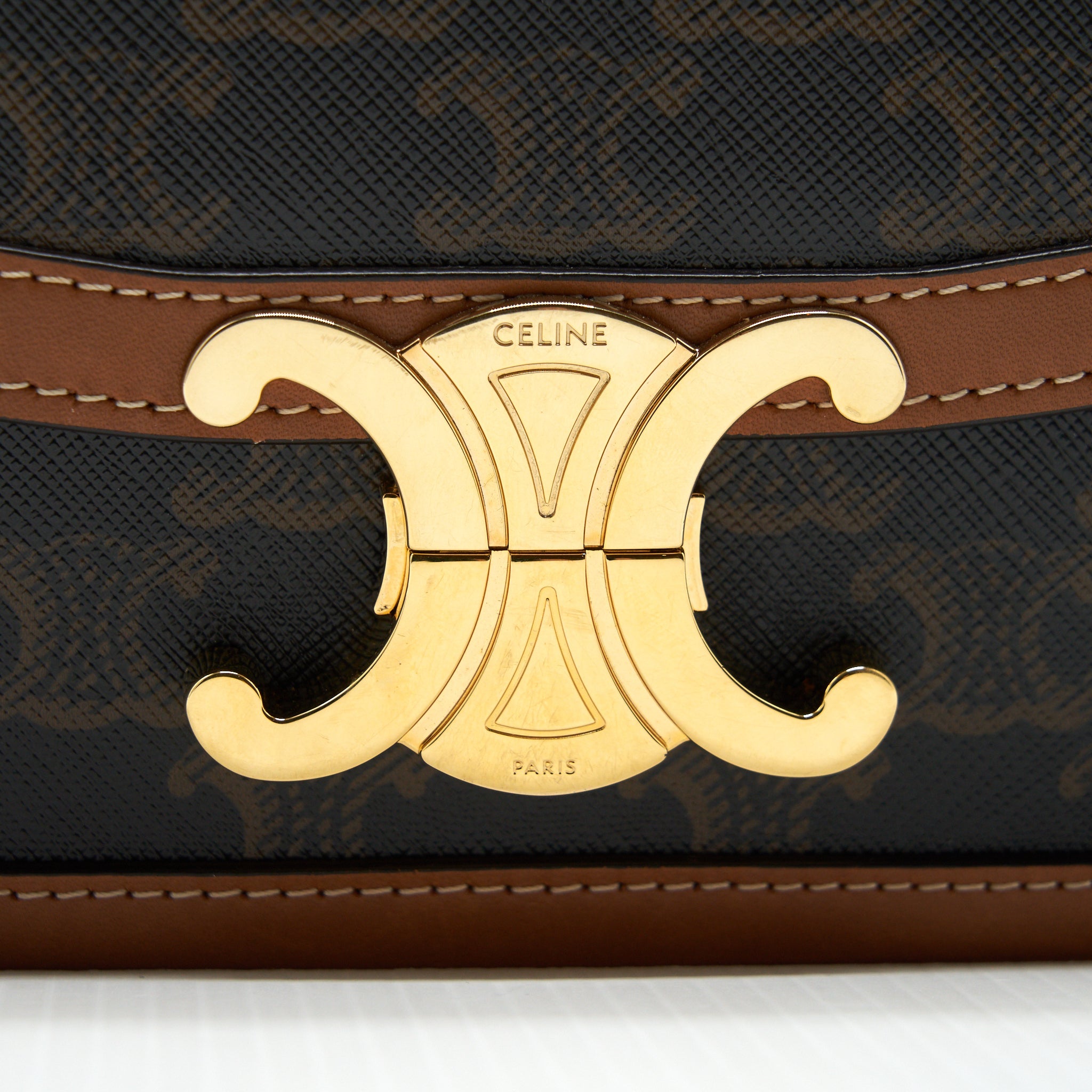 CELINE TEEN TRIOMPHE BAG IN TRIOMPHE CANVAS AND CALFSKIN TAN