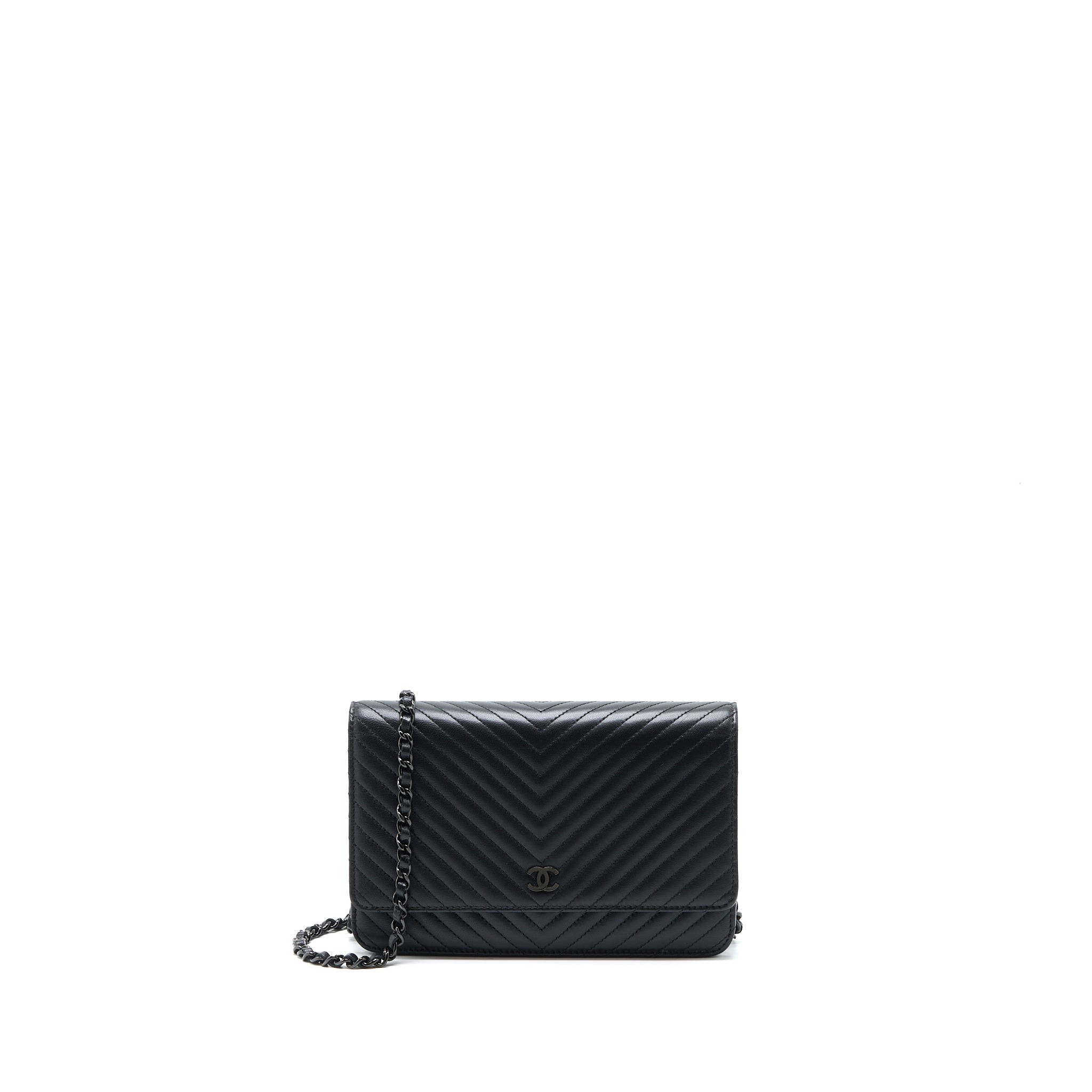 CHANEL CHEVRON WALLET ON CHAIN BLACK WITH BLACK HARDWARE
