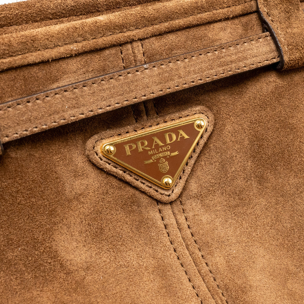 PRADA MEDIUM BONNIE HANDBAG SUEDE LEATHER BROWN GHW