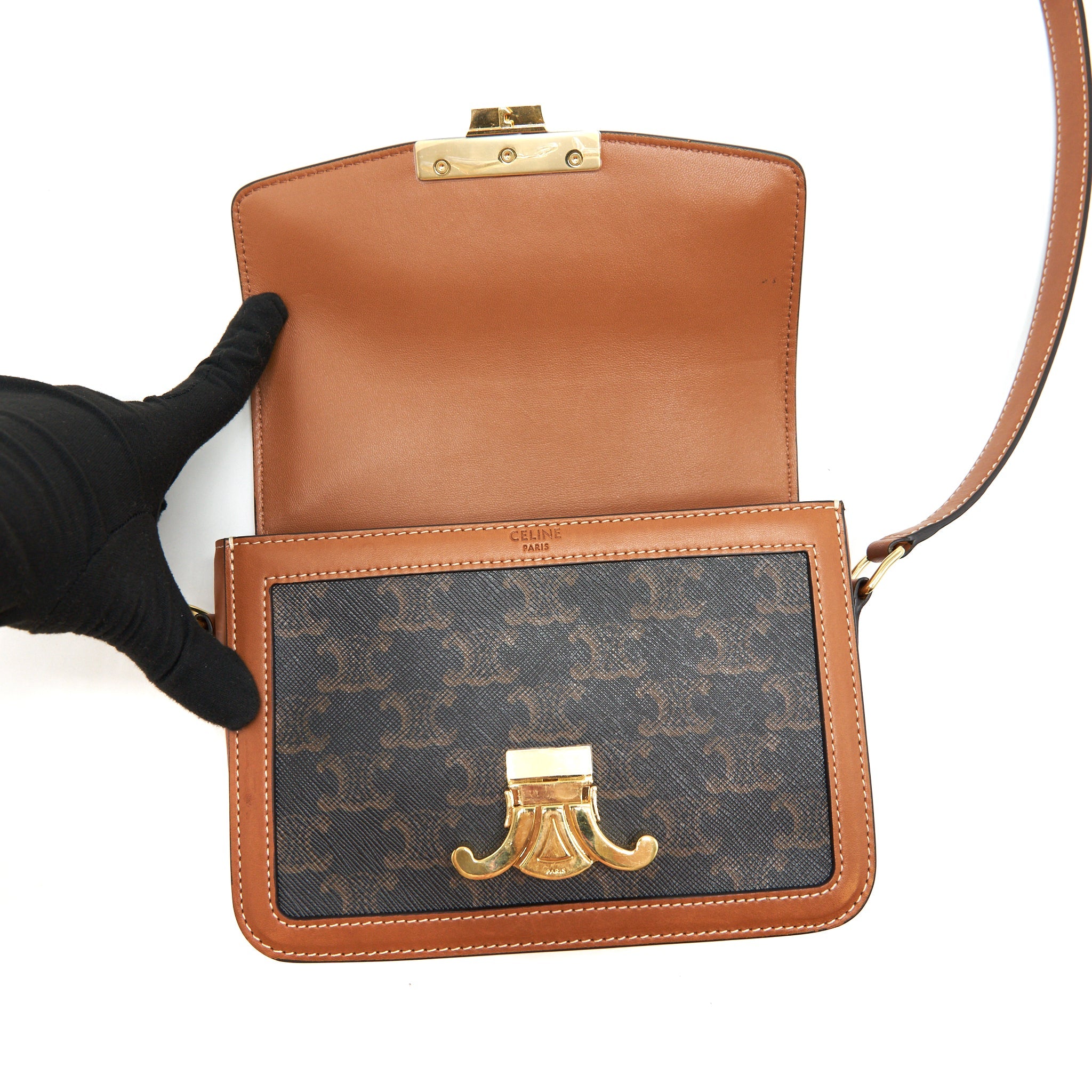 CELINE TEEN TRIOMPHE BAG IN TRIOMPHE CANVAS AND CALFSKIN TAN