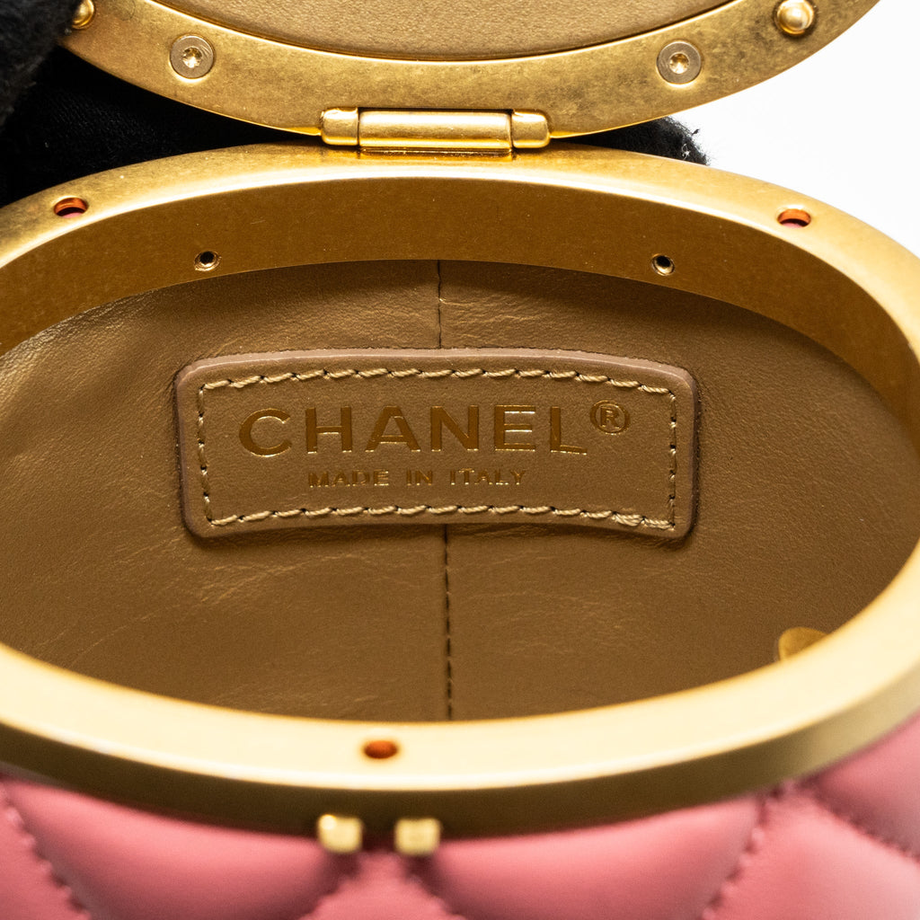 CHANEL ROUND VANITY CASE WITH CHAIN LAMBSKIN PINK GHW(MICROCHIP)
