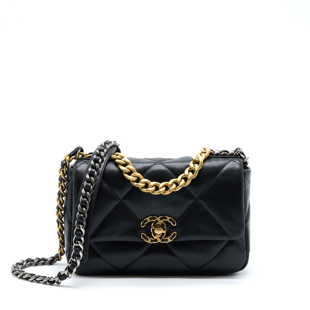 CHANEL SMALL 19 BAG LAMBSKIN BLACK WITH MULTICOLOUR HARDWARE (MICROCHIP)