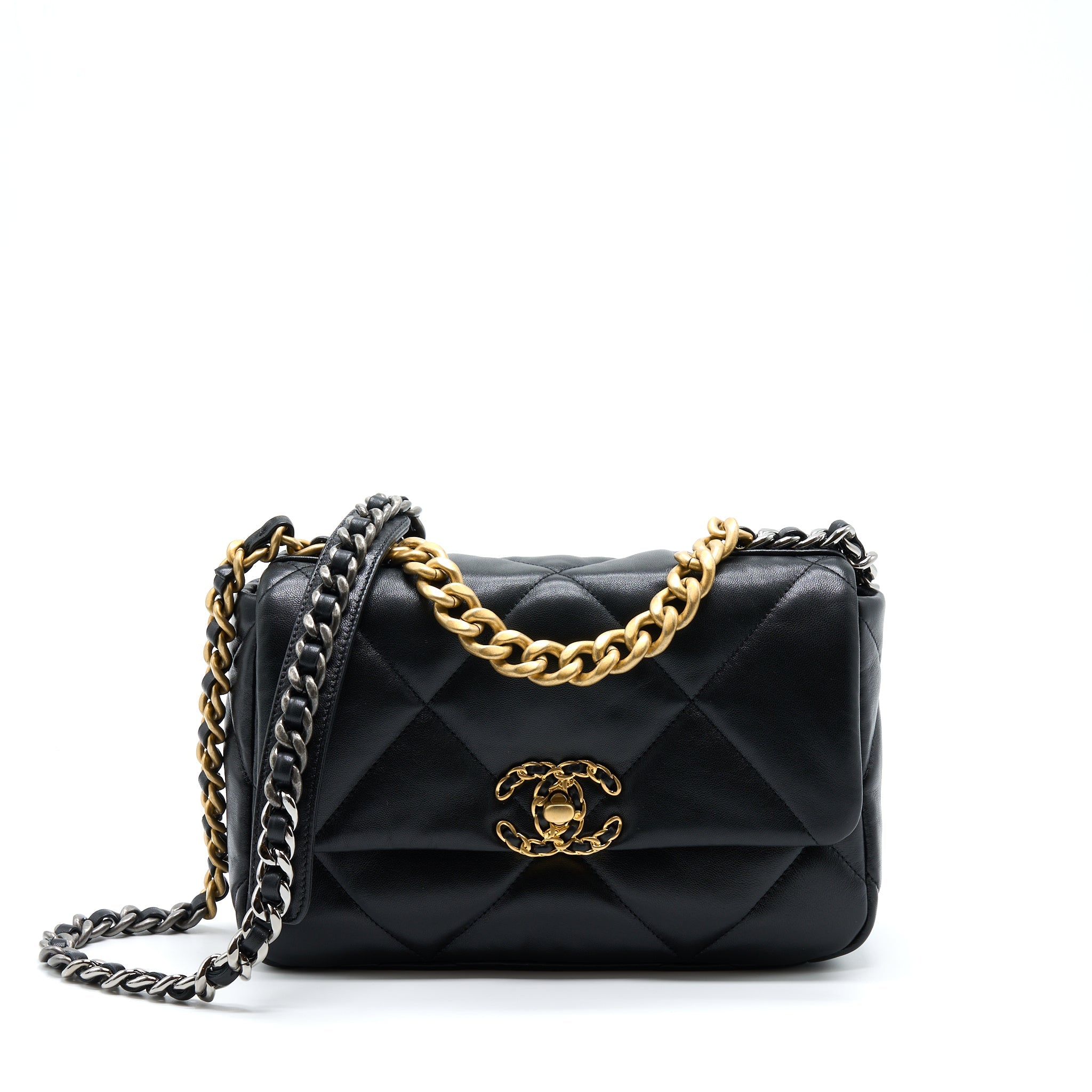 CHANEL SMALL 19 BAG LAMBSKIN BLACK WITH MULTICOLOUR HARDWARE (MICROCHIP)