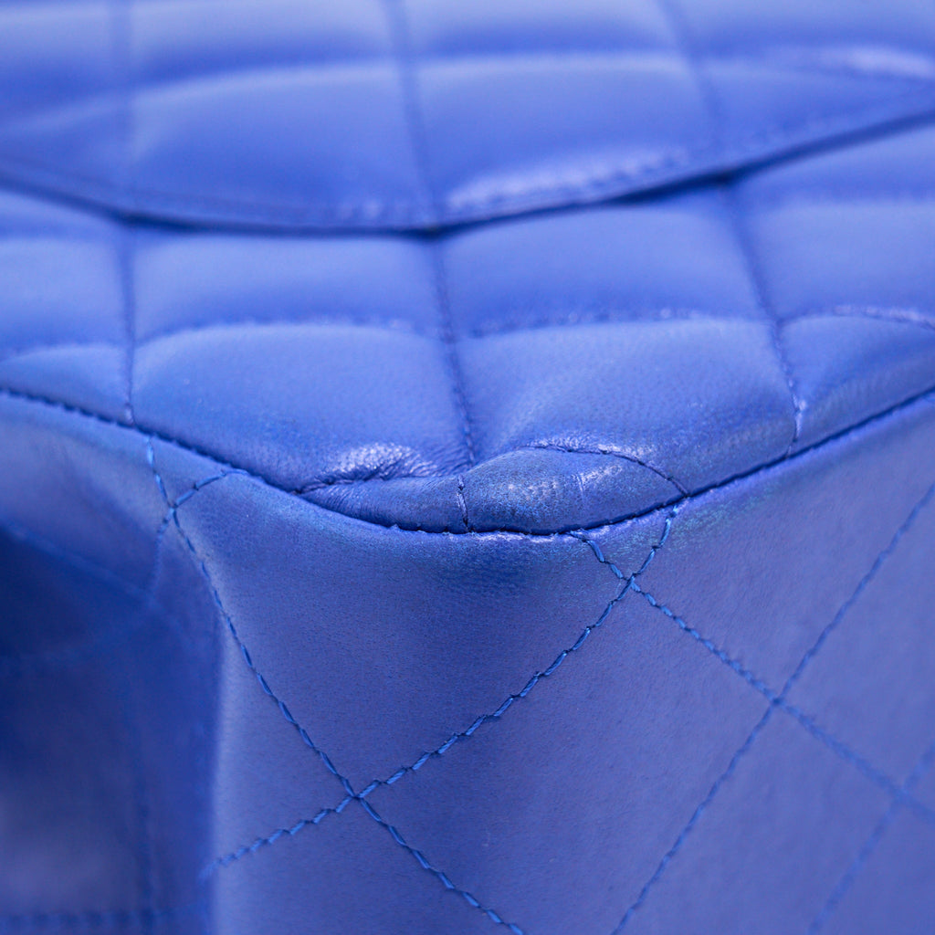 CHANEL JUMBO CLASSIC DOUBLE FLAP BAG LAMBSKIN BLUE BRUSHED GHW