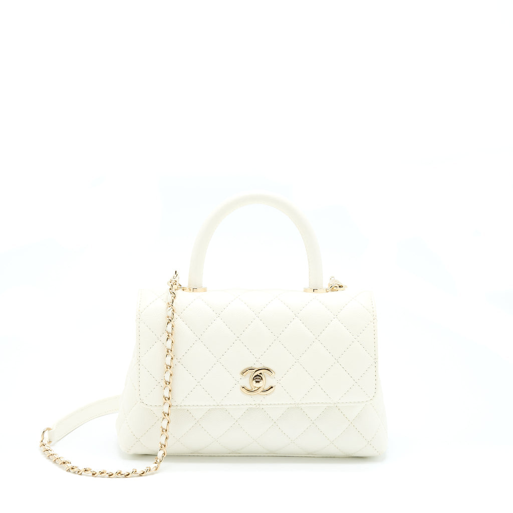 CHANEL SMALL COCO HANDLE CAVIAR WHITE LGHW (MICROCHIP)