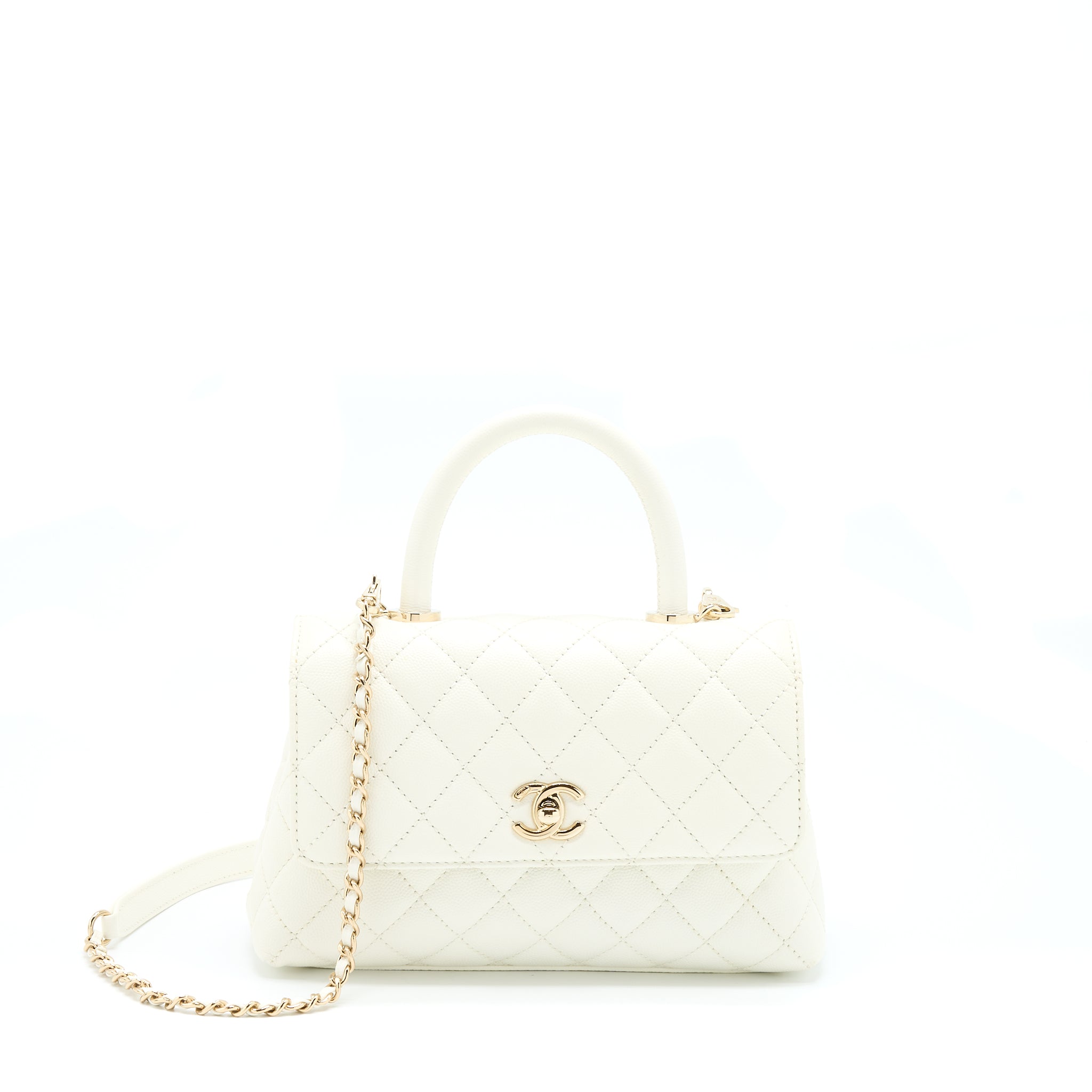 CHANEL SMALL COCO HANDLE CAVIAR WHITE LGHW (MICROCHIP)