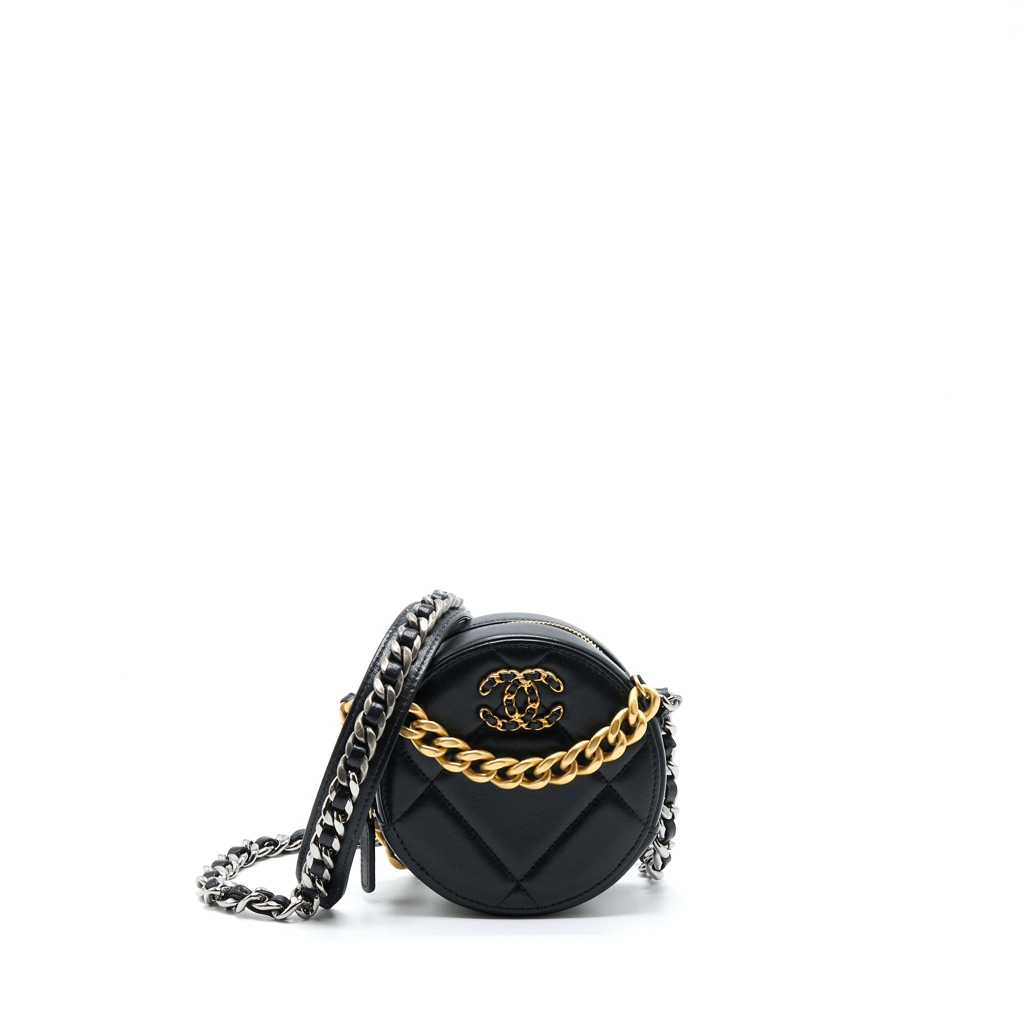 CHANEL 19 ROUND CLUTCH WITH CHAIN LAMBSKIN GOLD/SILVER HARDWARE
