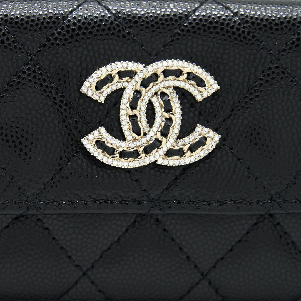 CHANEL 22S DETAILED LOGO MINI FLAP CARD HOLDER CAVIAR BLACK LGHW