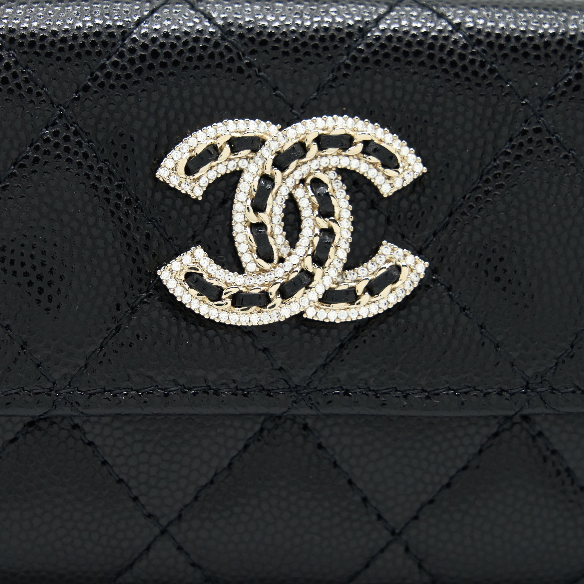 CHANEL 22S DETAILED LOGO MINI FLAP CARD HOLDER CAVIAR BLACK LGHW