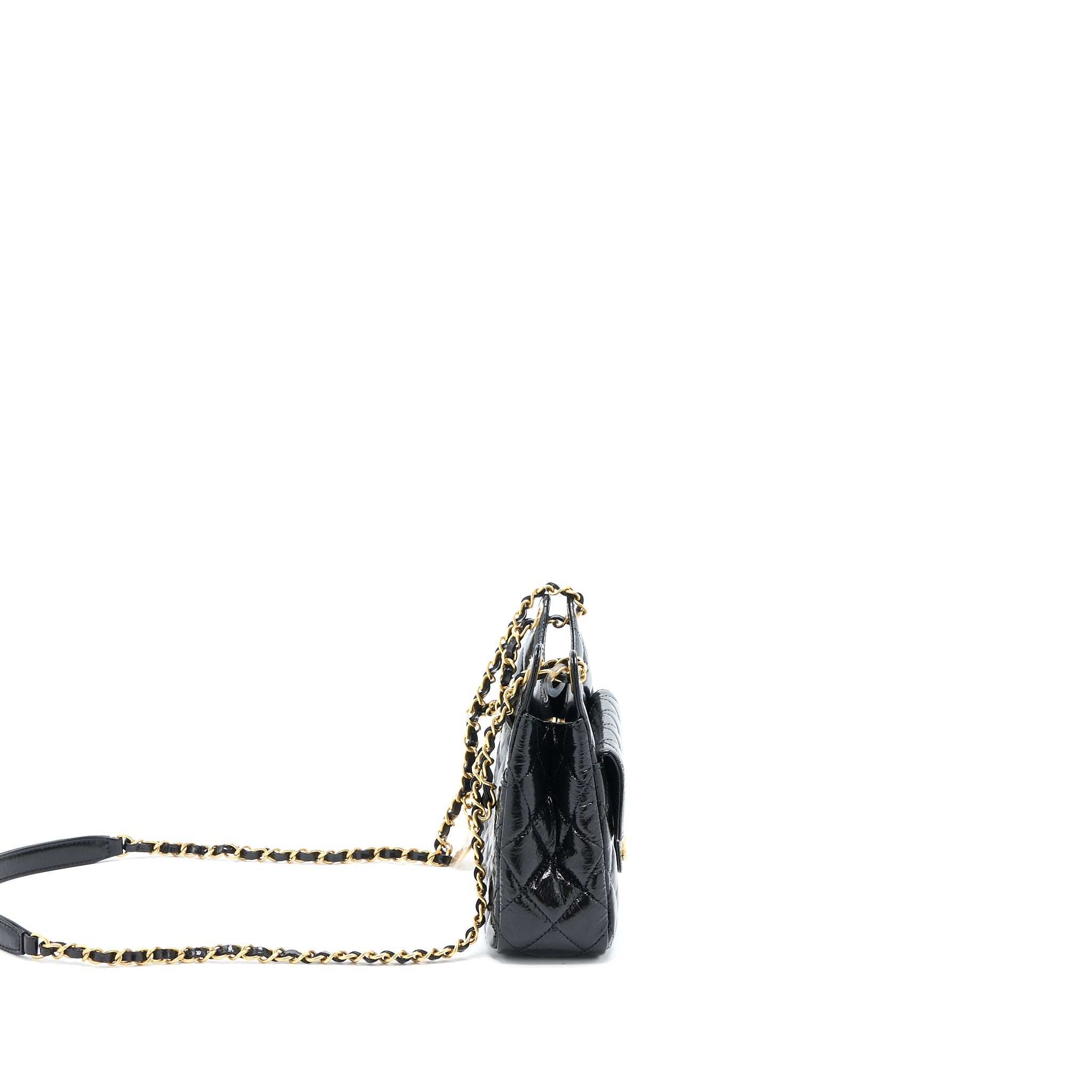 CHANEL 23C SMALL HOBO BAG SHINY CALFSKIN BLACK BRUSHED GHW (MICROCHIP)