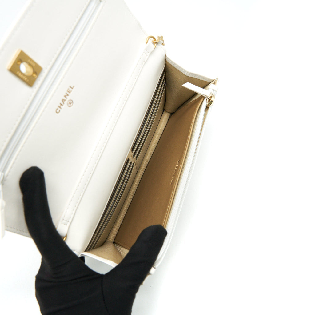 CHANEL PEARL CRUSH WALLET ON CHAIN LAMBSKIN WHITE GHW (MICROCHIP)