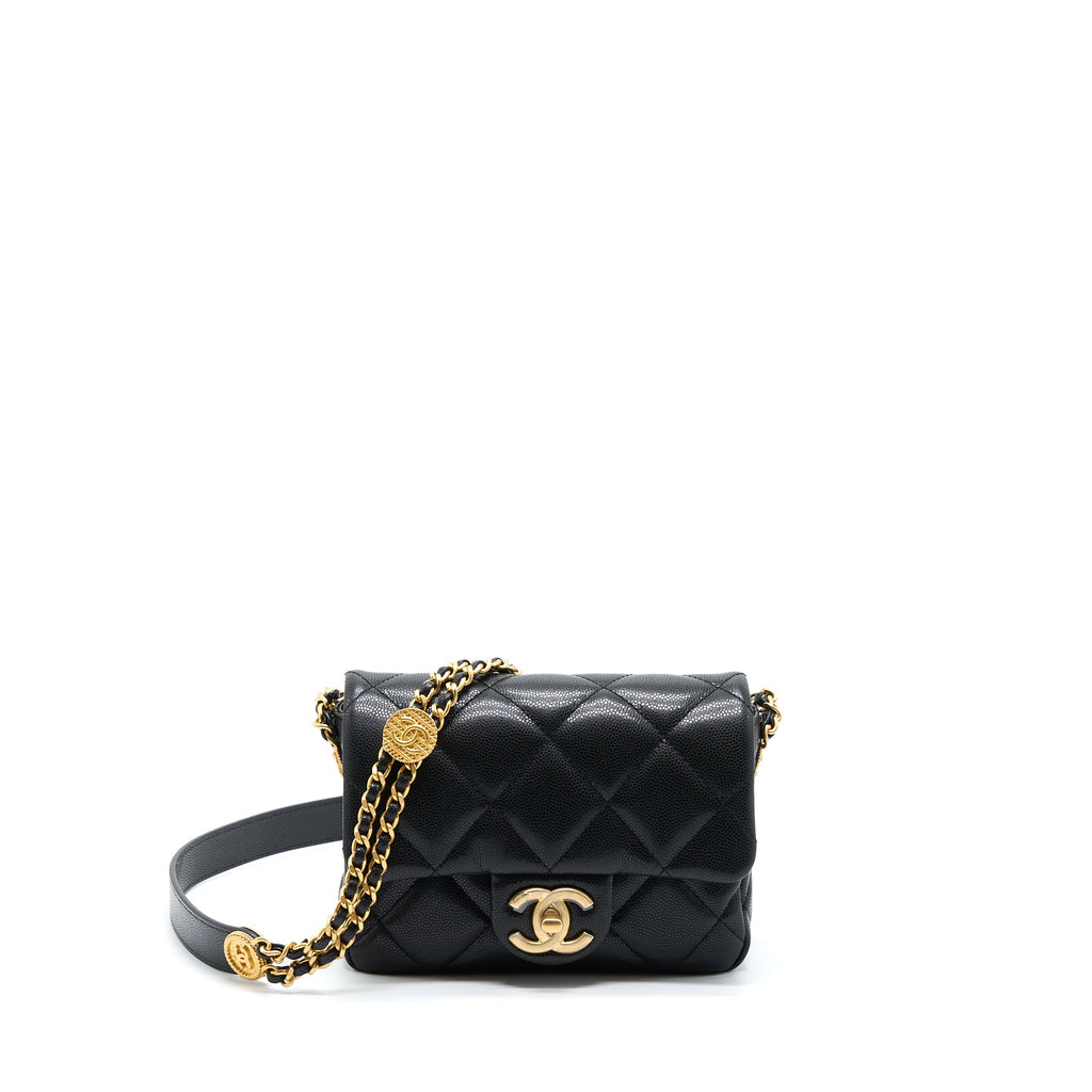 CHANEL 22A MINI SQUARE FLAP BAG CAVIAR BLACK BRUSHED GHW (MICROCHIP)
