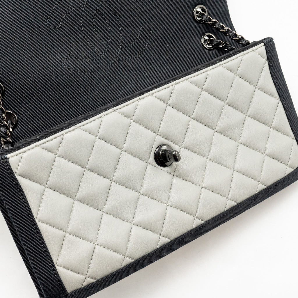 CHANEL QUILTED FLAP WITH FABRIC EDGE LAMBSKIN GREY/ BLACK WITH BLACK HARDWARE