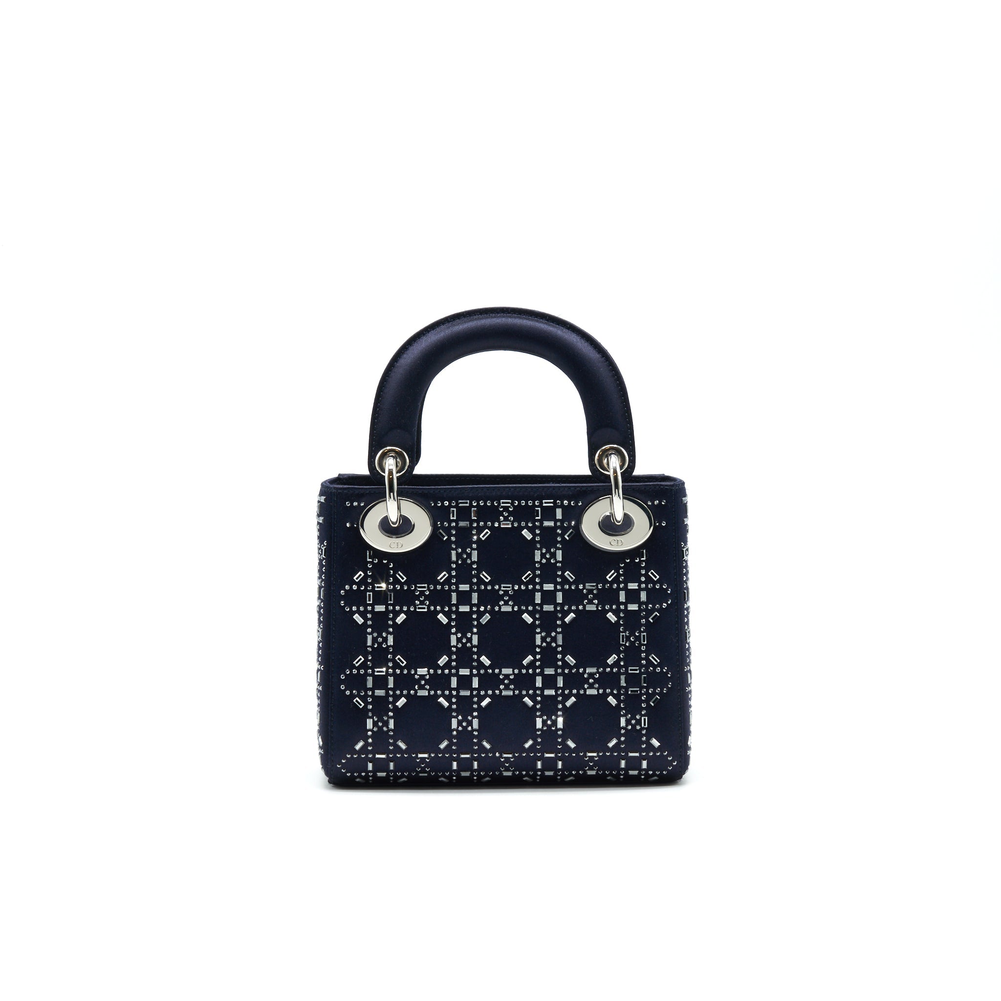 CHRISTIAN DIOR SATIN CRYSTAL CANNAGE MINI LADY DIOR IN NAVY