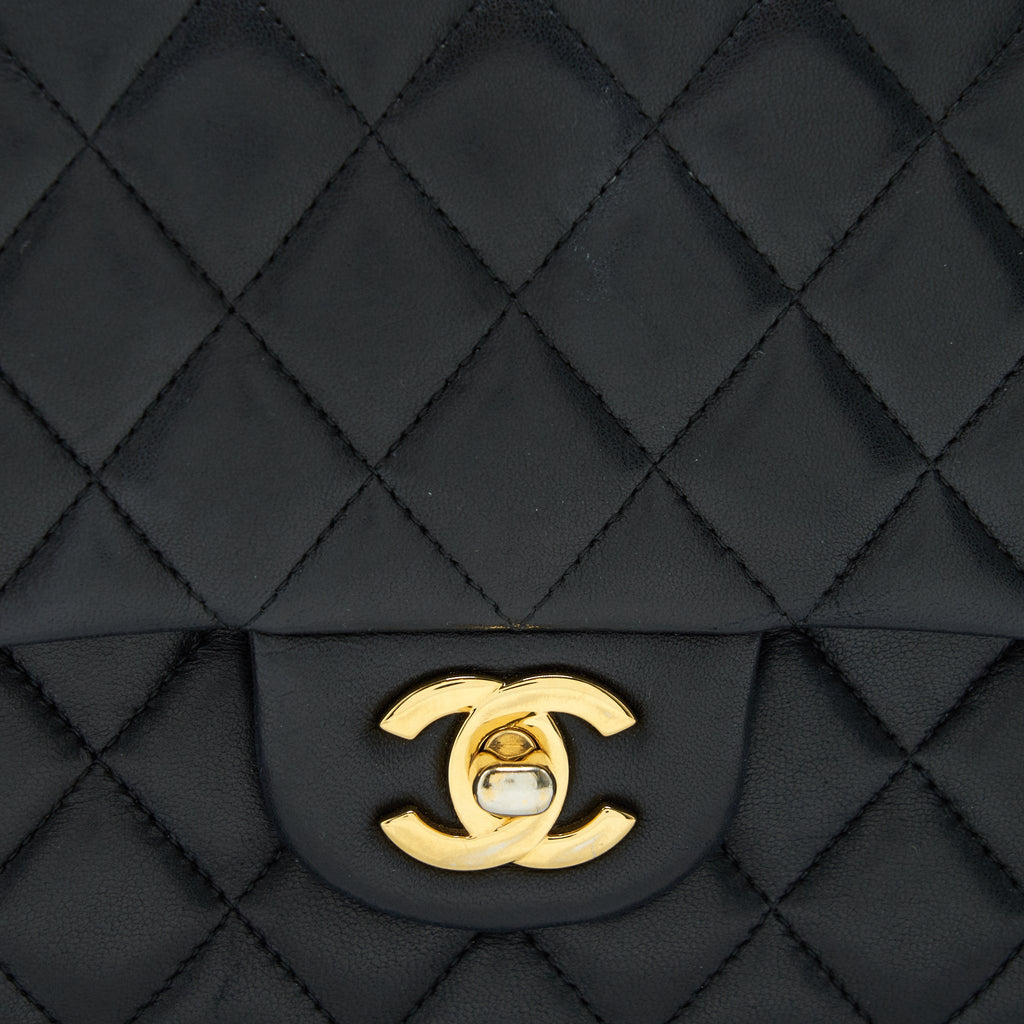 CHANEL CLASSIC DOUBLE FLAP BAG LAMBSKIN MEDIUM BLACK GHW SERIAL 19