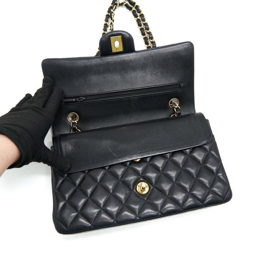 CHANEL CLASSIC DOUBLE FLAP BAG LAMBSKIN MEDIUM BLACK GHW SERIAL 19