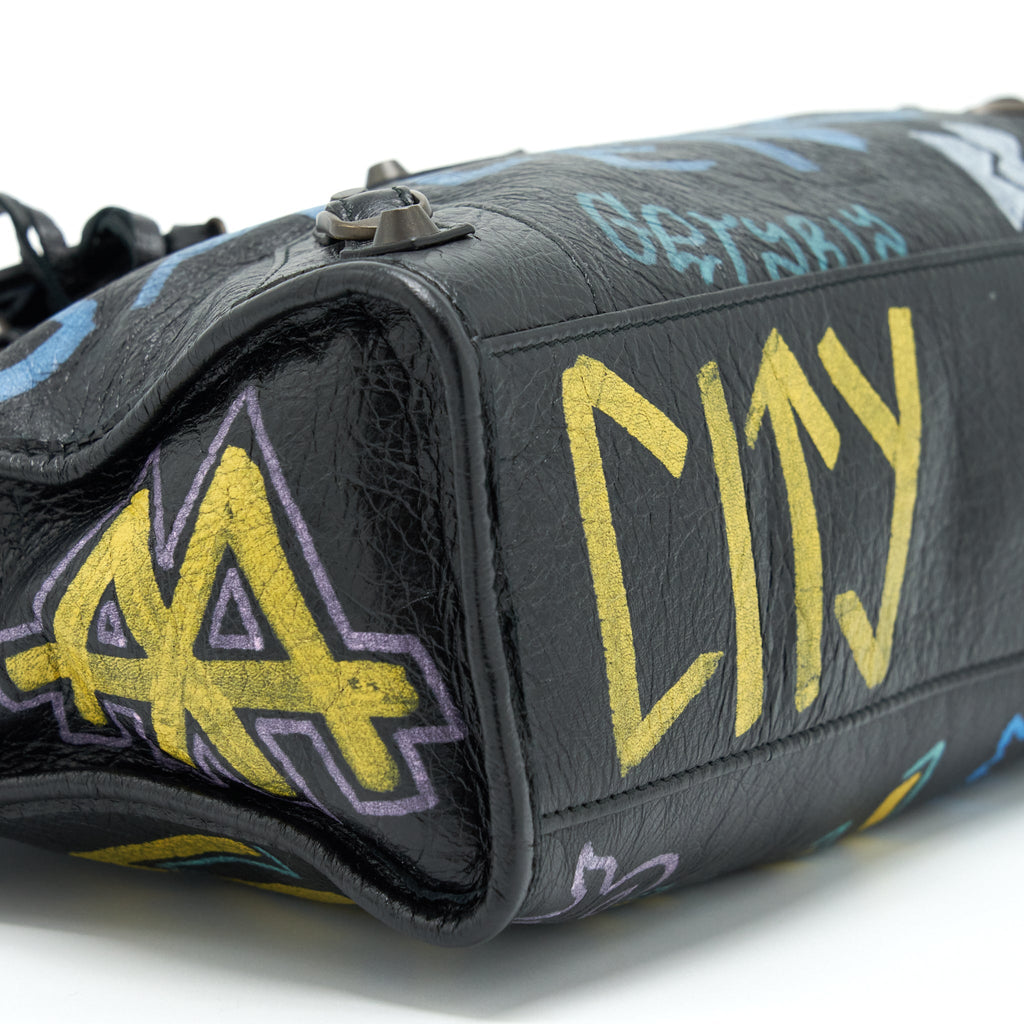 BALENCIAGA CITY BAG BLACK WITH MULTICOLOUR GRAFFITI RUTHENIUM HARDWARE