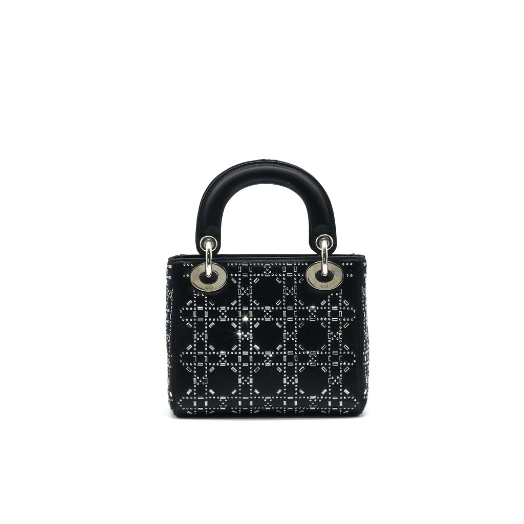 CHRISTIAN DIOR SATIN CRYSTAL CANNAGE MINI LADY DIOR BLACK