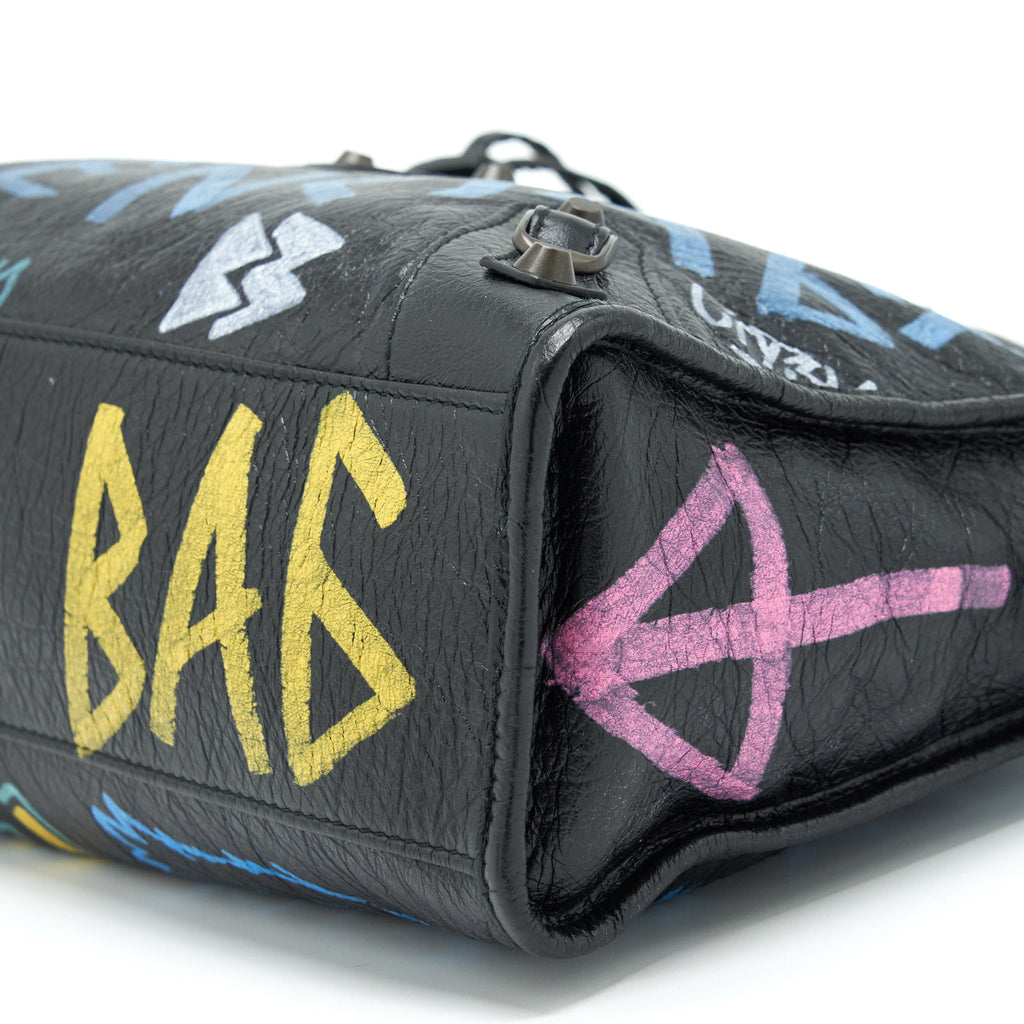 BALENCIAGA CITY BAG BLACK WITH MULTICOLOUR GRAFFITI RUTHENIUM HARDWARE