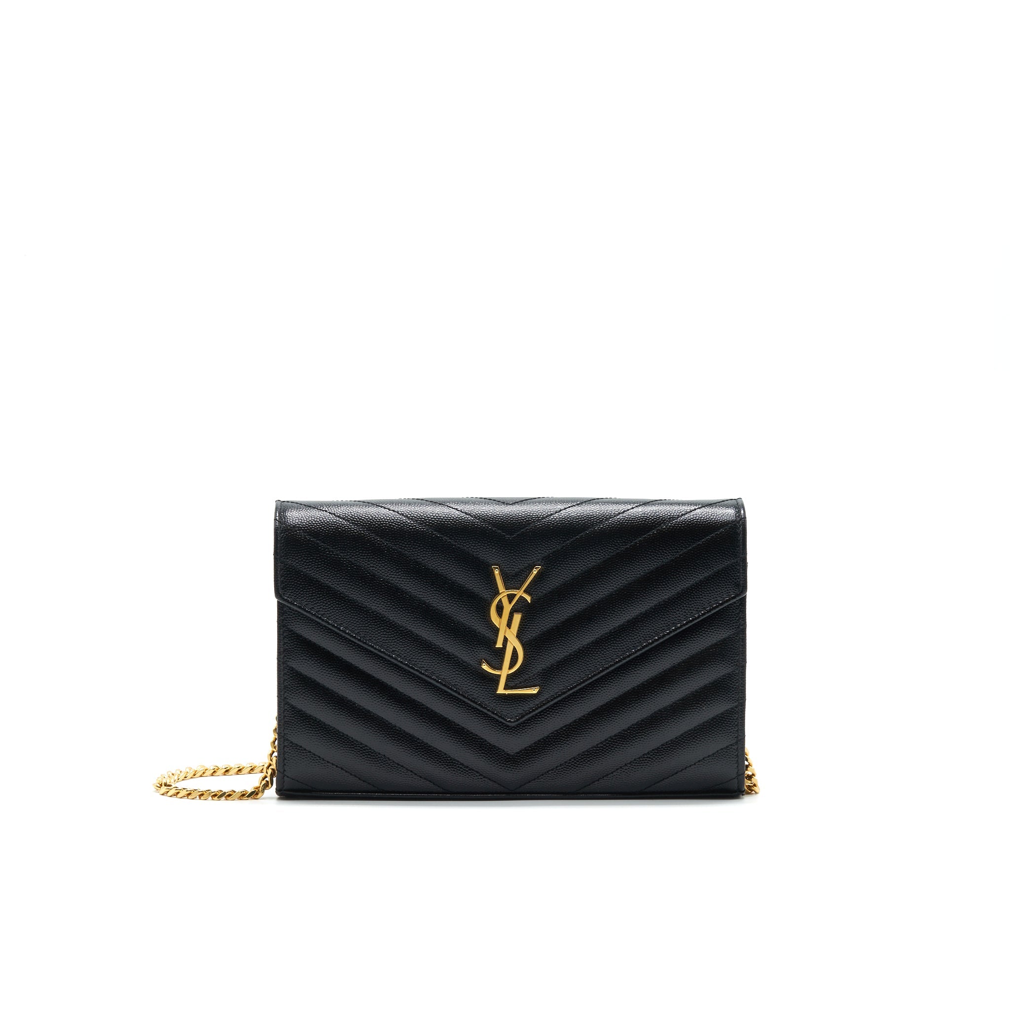 SAINT LAURENT MONOGRAM CHAIN WALLET IN GRAIN DE POUDRE EMBOSSED LEATHER IN BLACK