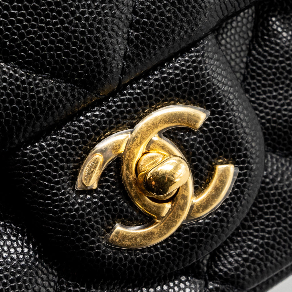 CHANEL 23C FLAP BAG WITH CC LOGO CHAIN CAVIAR BLACK GHW (MICROCHIP)
