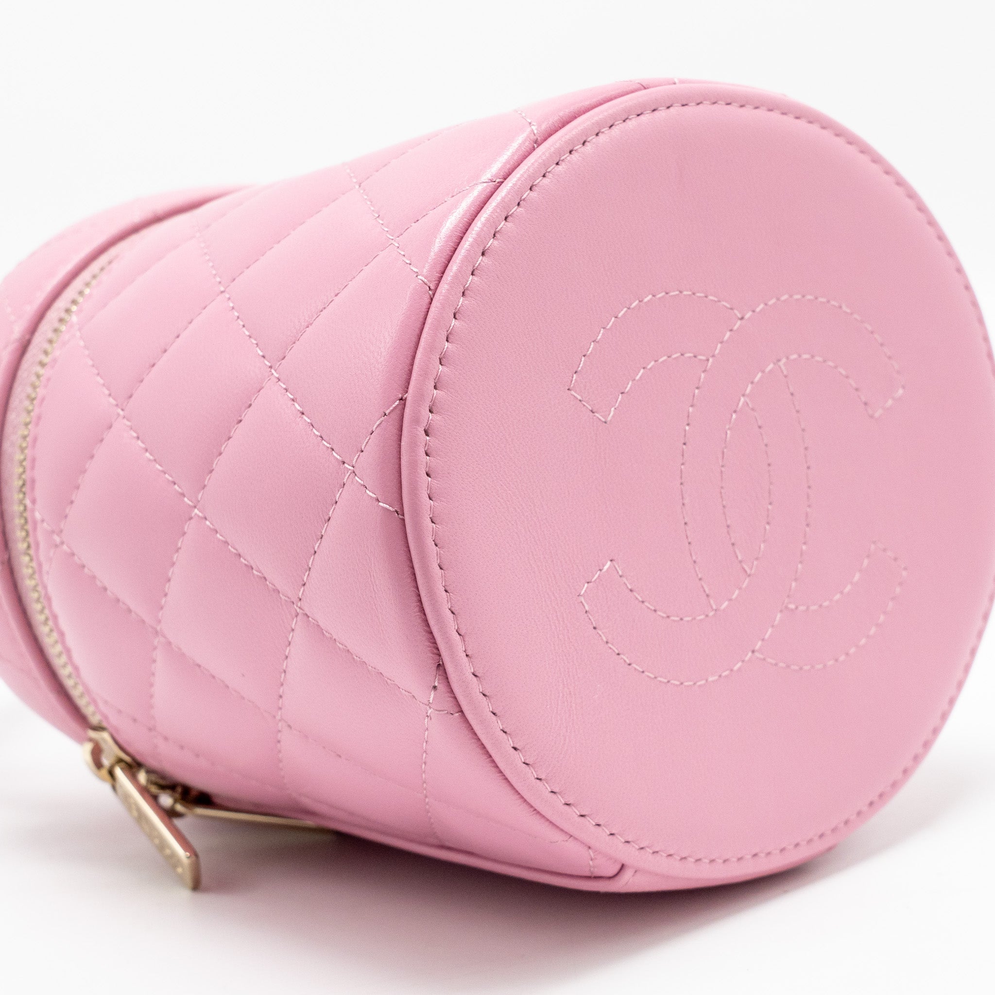 CHANEL TOP HANDLE ROUND VANITY CASE LAMBSKIN PINK LGHW