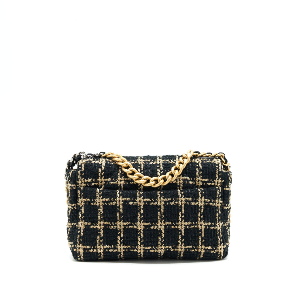 CHANEL TWEED SMALL 19 FLAP BAG BLACK/ GOLD WITH GOLD AND SILVER HARDWARE