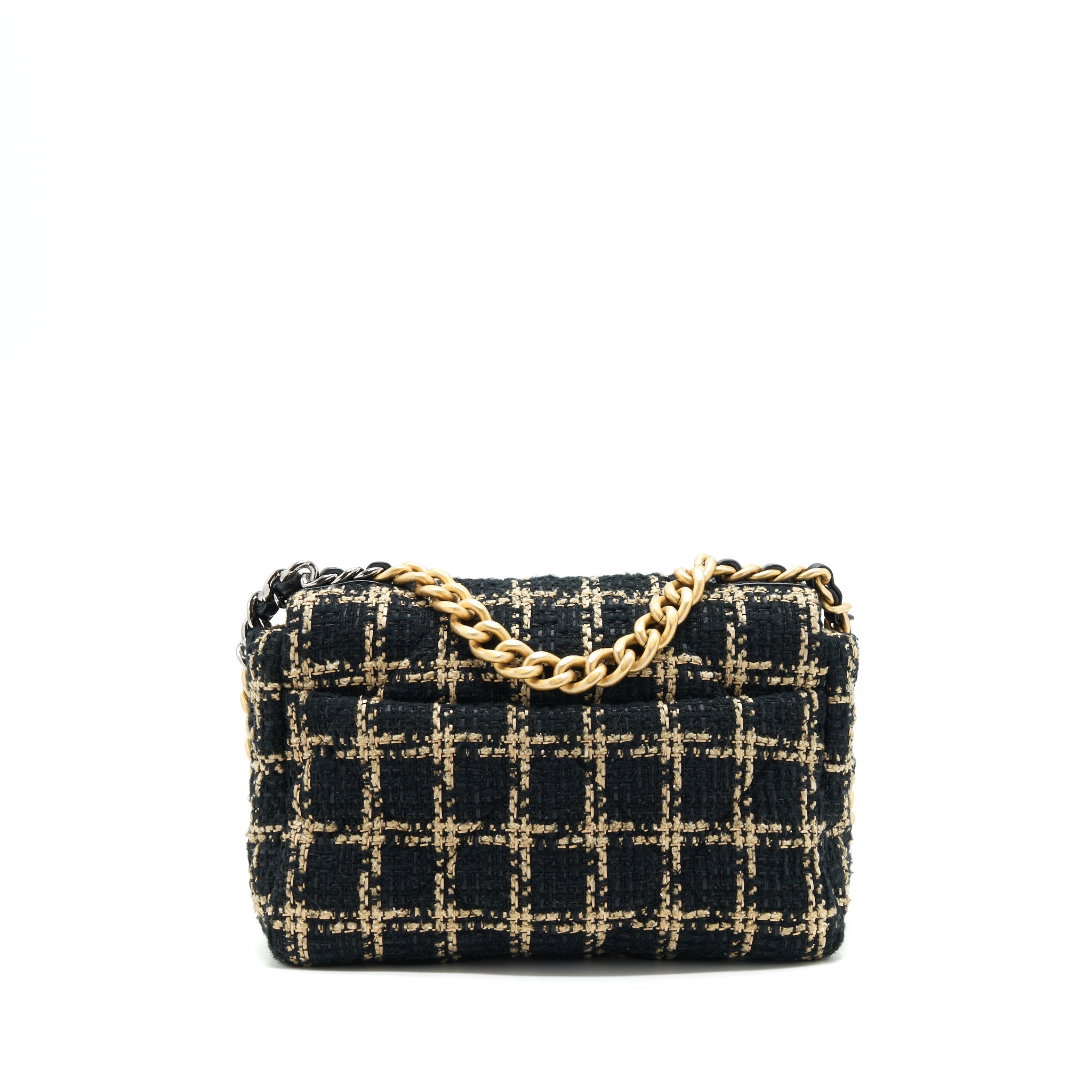 CHANEL TWEED SMALL 19 FLAP BAG BLACK/ GOLD WITH GOLD AND SILVER HARDWARE