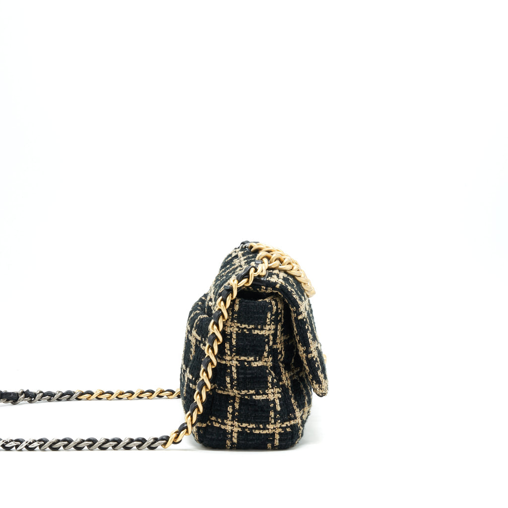CHANEL TWEED SMALL 19 FLAP BAG BLACK/ GOLD WITH GOLD AND SILVER HARDWARE