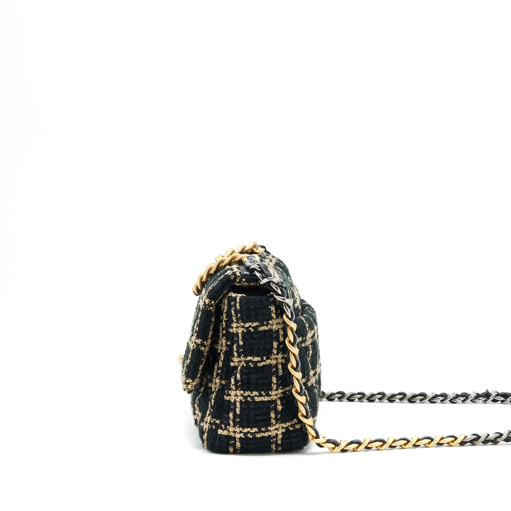 CHANEL TWEED SMALL 19 FLAP BAG BLACK/ GOLD WITH GOLD AND SILVER HARDWARE