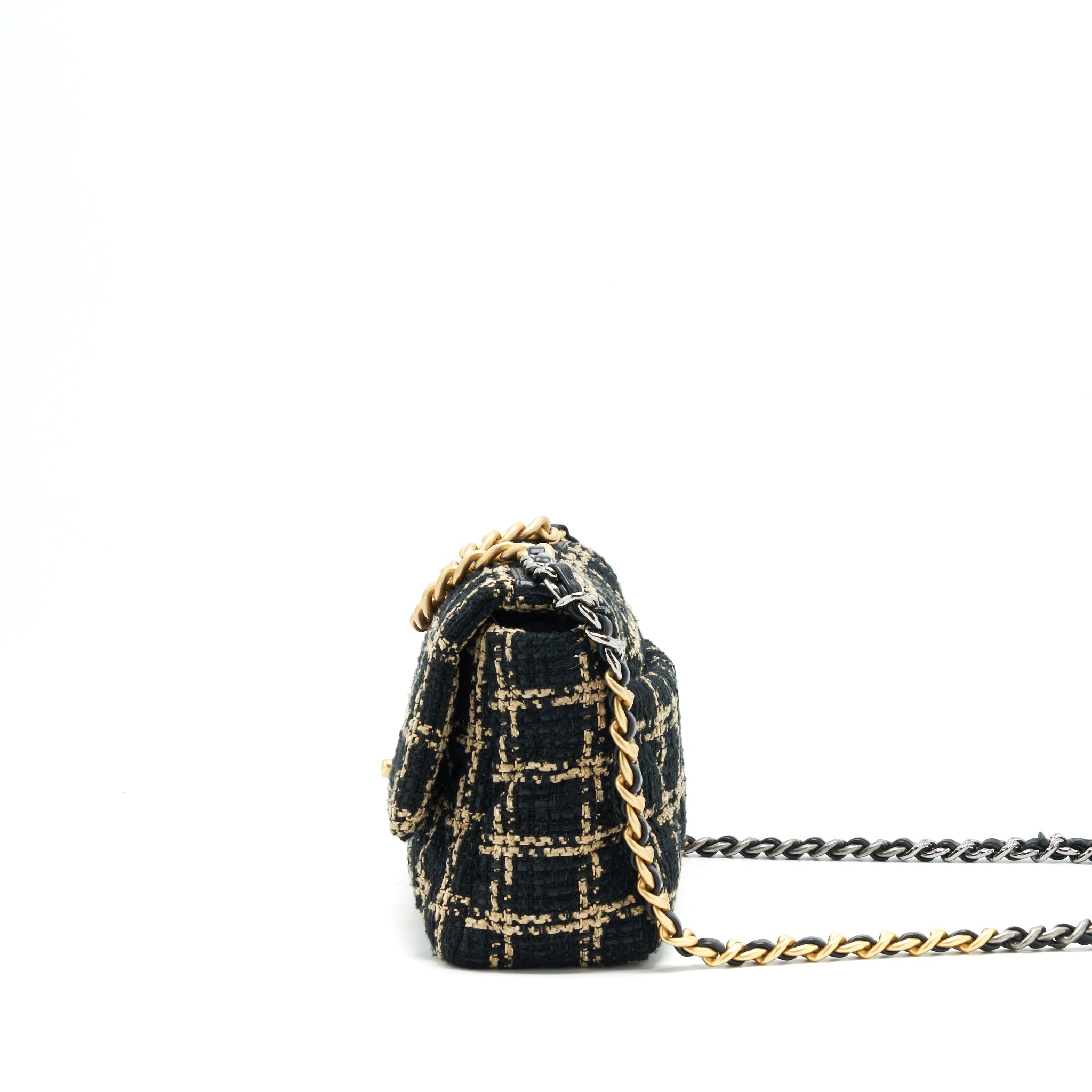 CHANEL TWEED SMALL 19 FLAP BAG BLACK/ GOLD WITH GOLD AND SILVER HARDWARE