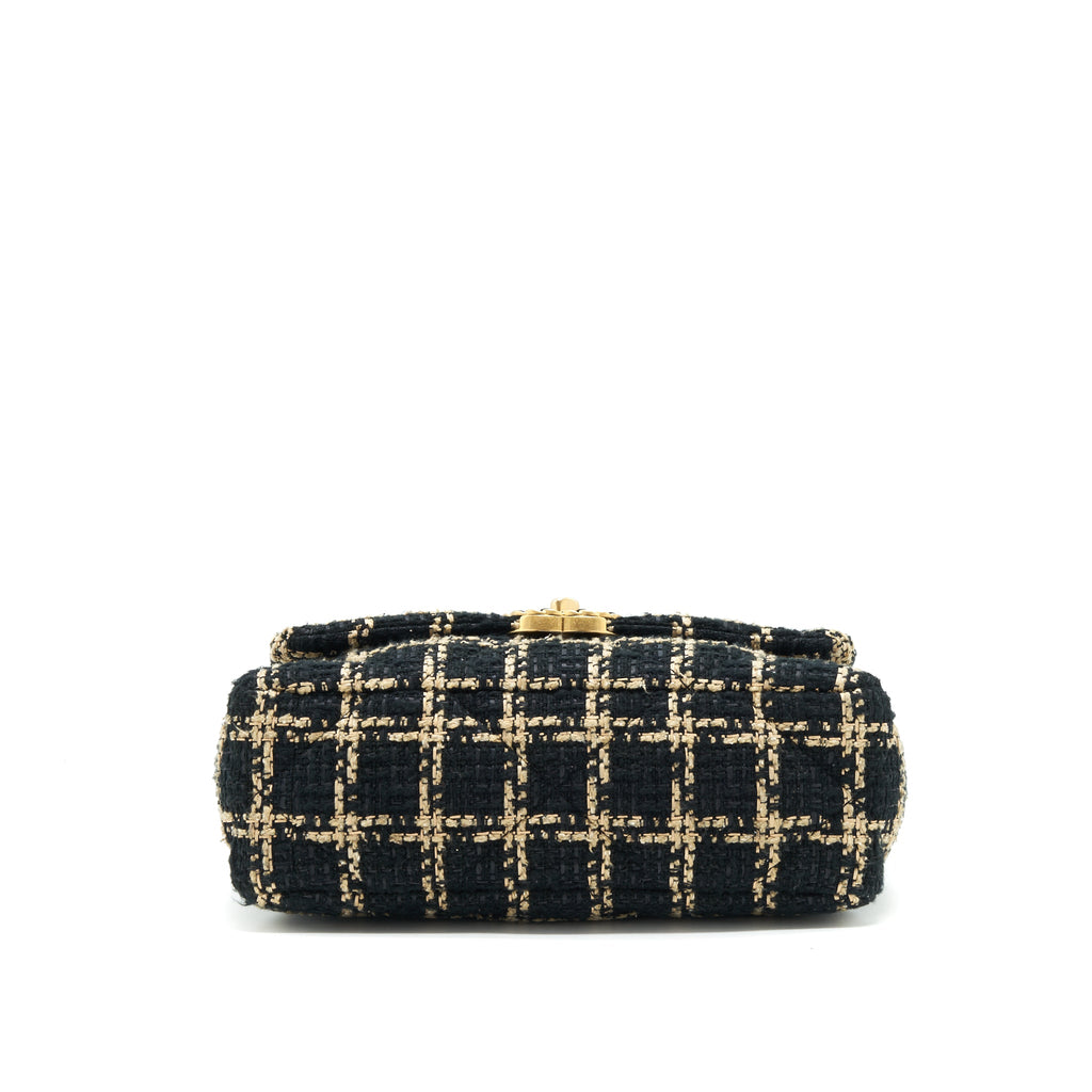 CHANEL TWEED SMALL 19 FLAP BAG BLACK/ GOLD WITH GOLD AND SILVER HARDWARE