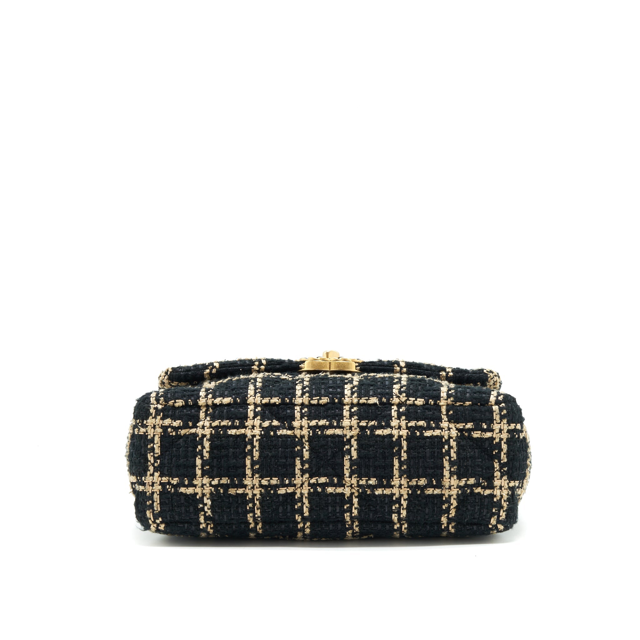CHANEL TWEED SMALL 19 FLAP BAG BLACK/ GOLD WITH GOLD AND SILVER HARDWARE
