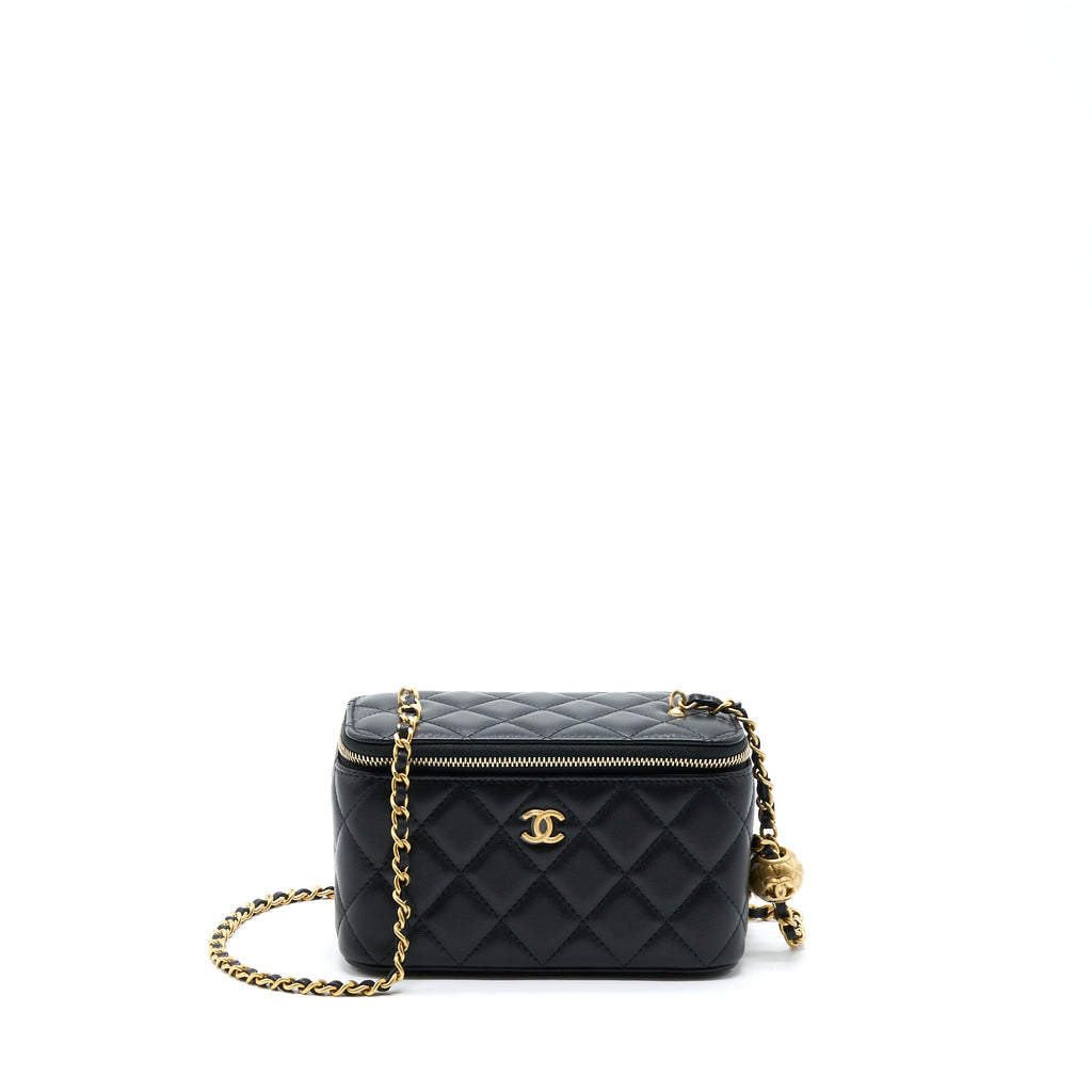 CHANEL PEARL CRUSH LONG VANITY WITH CHAIN LAMBSKIN BLACK GHW