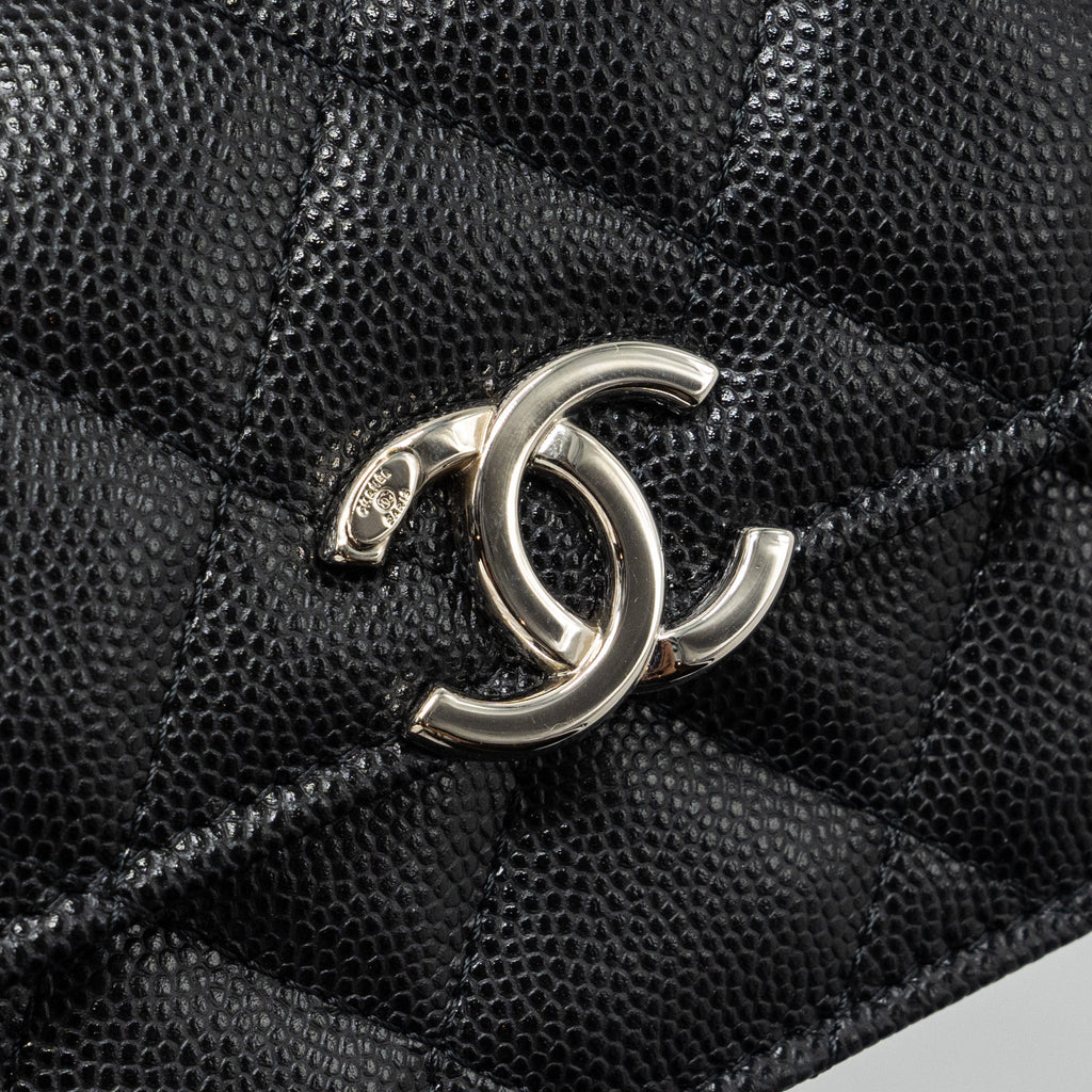 CHANEL 22S COCO LETTERING MINI FLAP BAG WITH ENAMEL TOP HANDLE CAVIAR BLACK SHW