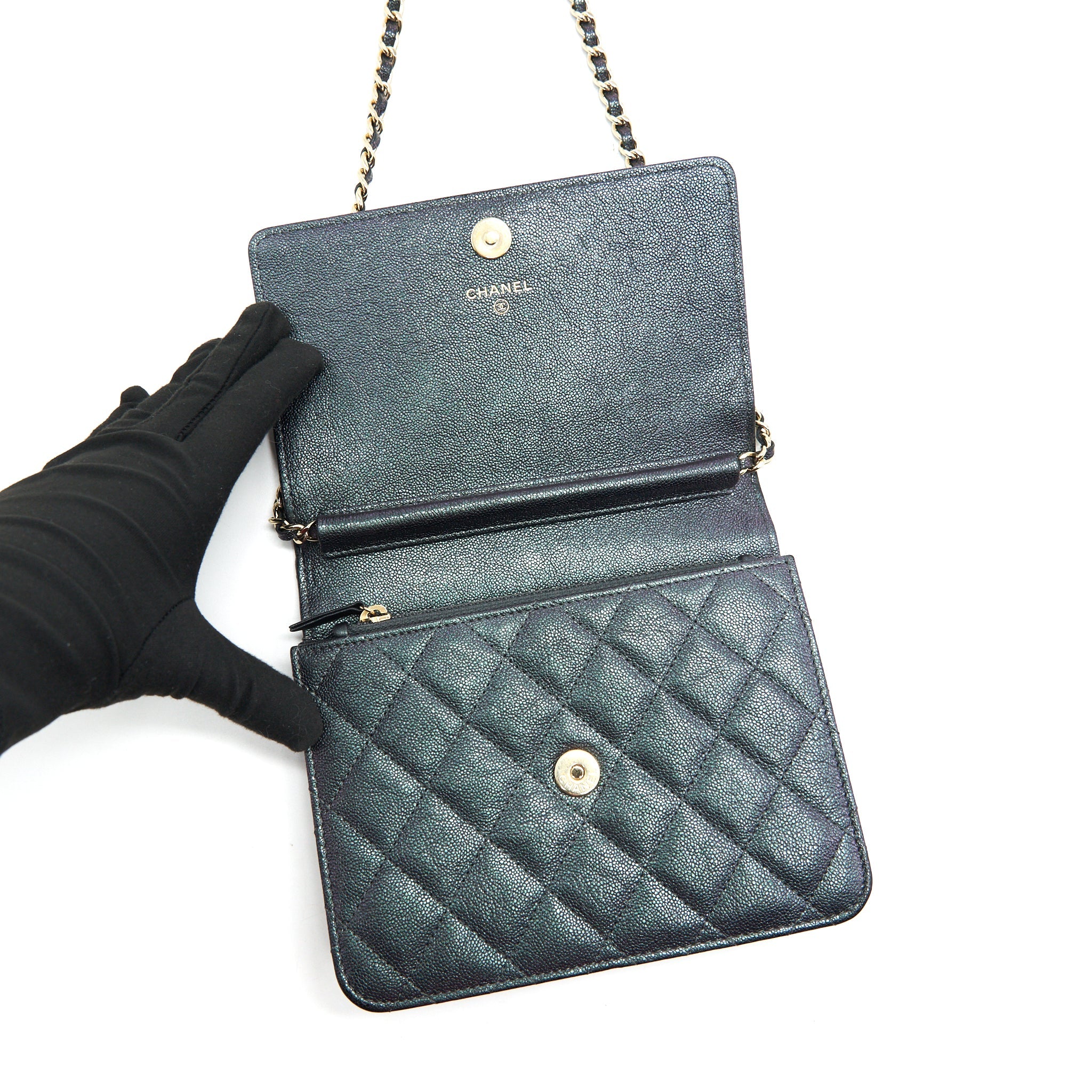 CHANEL CLASSIC SQUARE WALLET ON CHAIN CAVIAR IRIDESCENT PURPLE LGHW